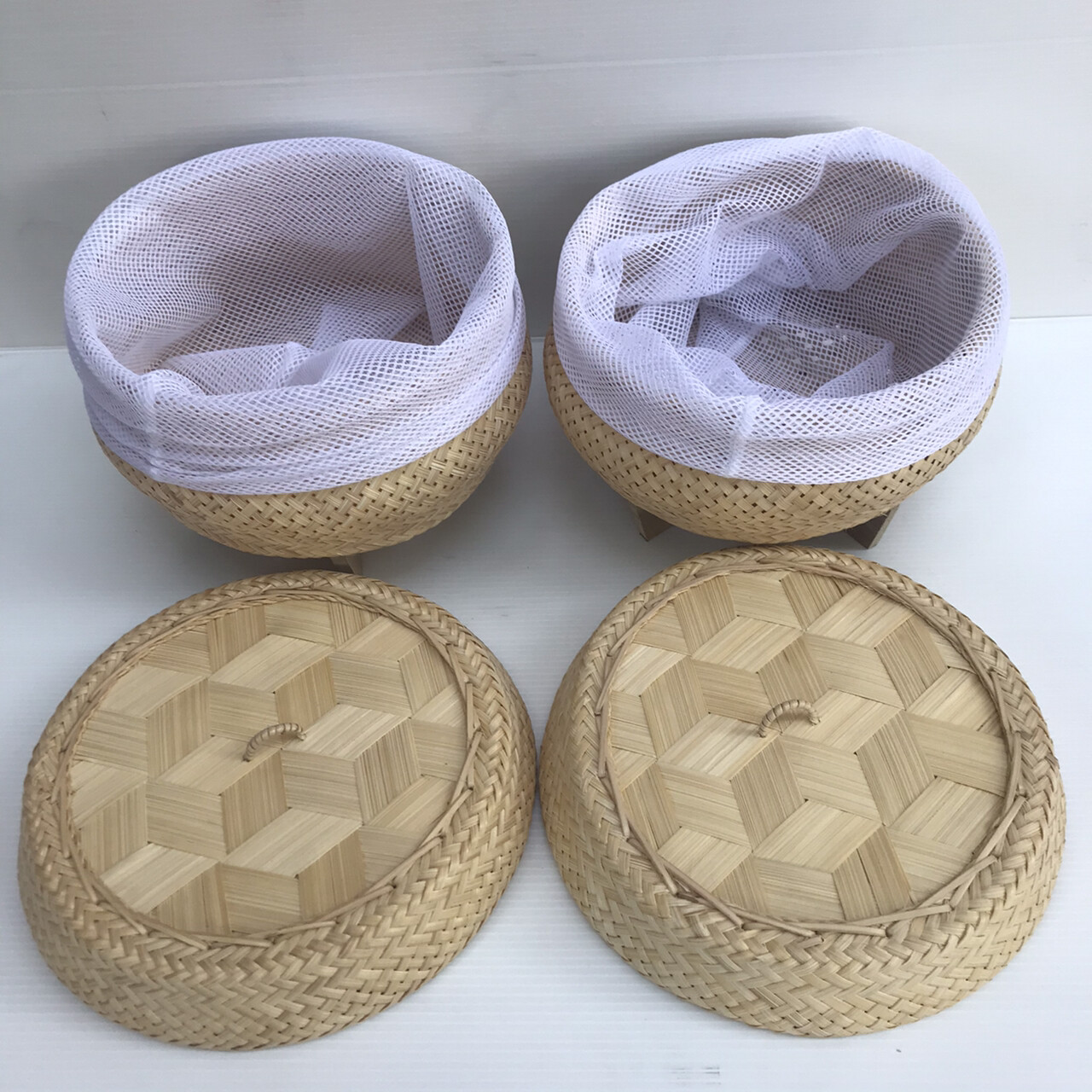 Vintage Thai Handicraft Cooker Bamboo Basket&Lid Steamer Sticky Rice Dim Sum X 2