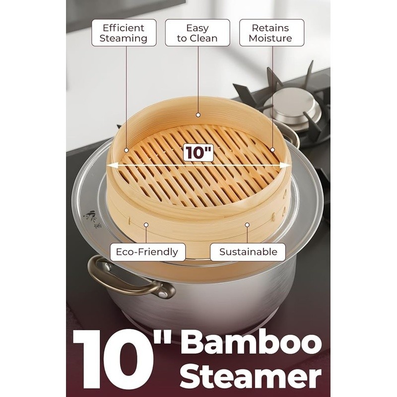 Bamboo Steamer Basket Set Organic Cooking Tool W/ Chopsticks & Liners New