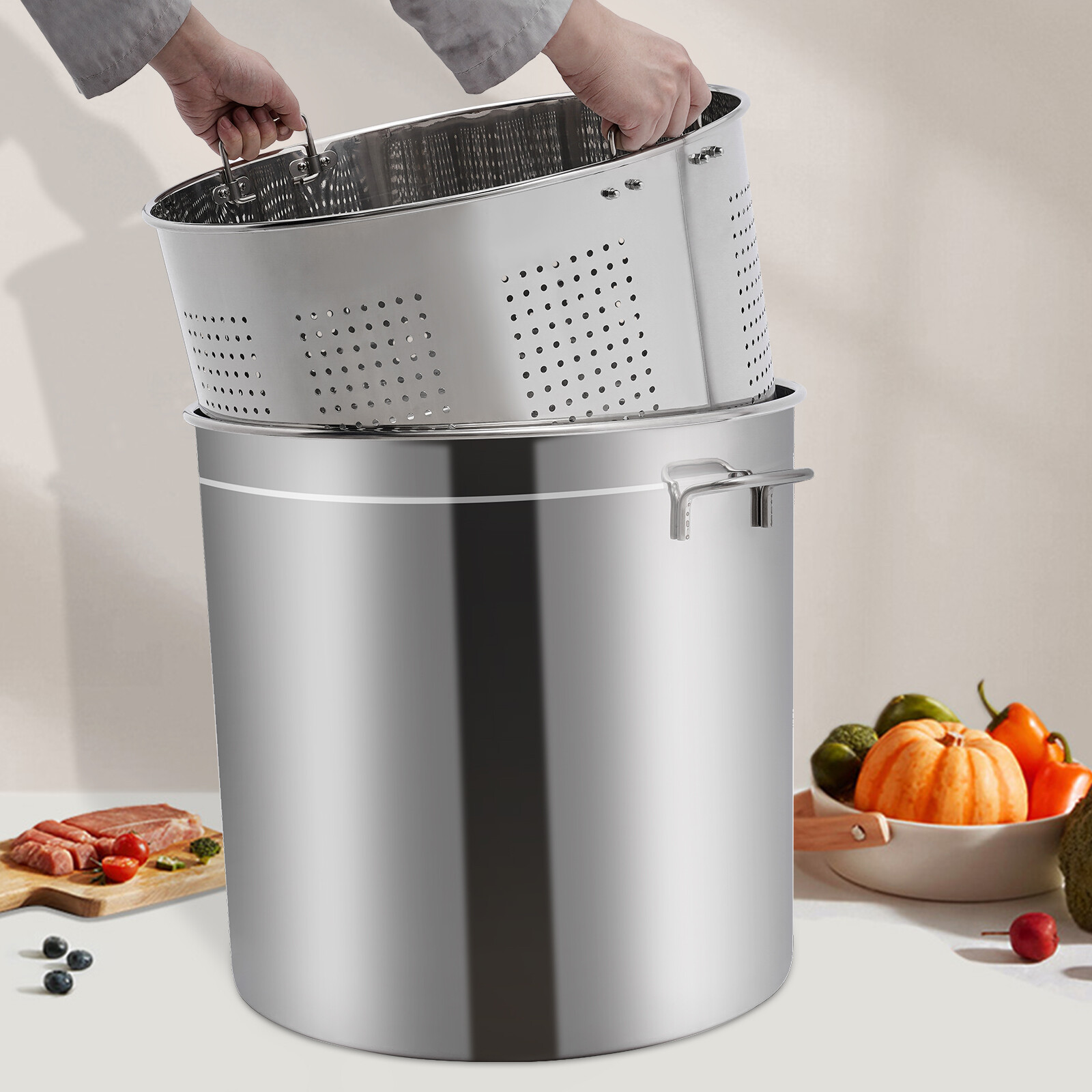 50L/52.8Qt Stock Pot Stainless Steel Stock Pot Kitchen Cooking Pot With Basket