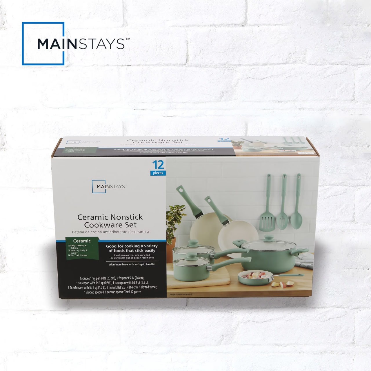 Mainstays Ceramic Aluminum, 12 Piece, Pots and Pans Cookware Set Green Nonstick