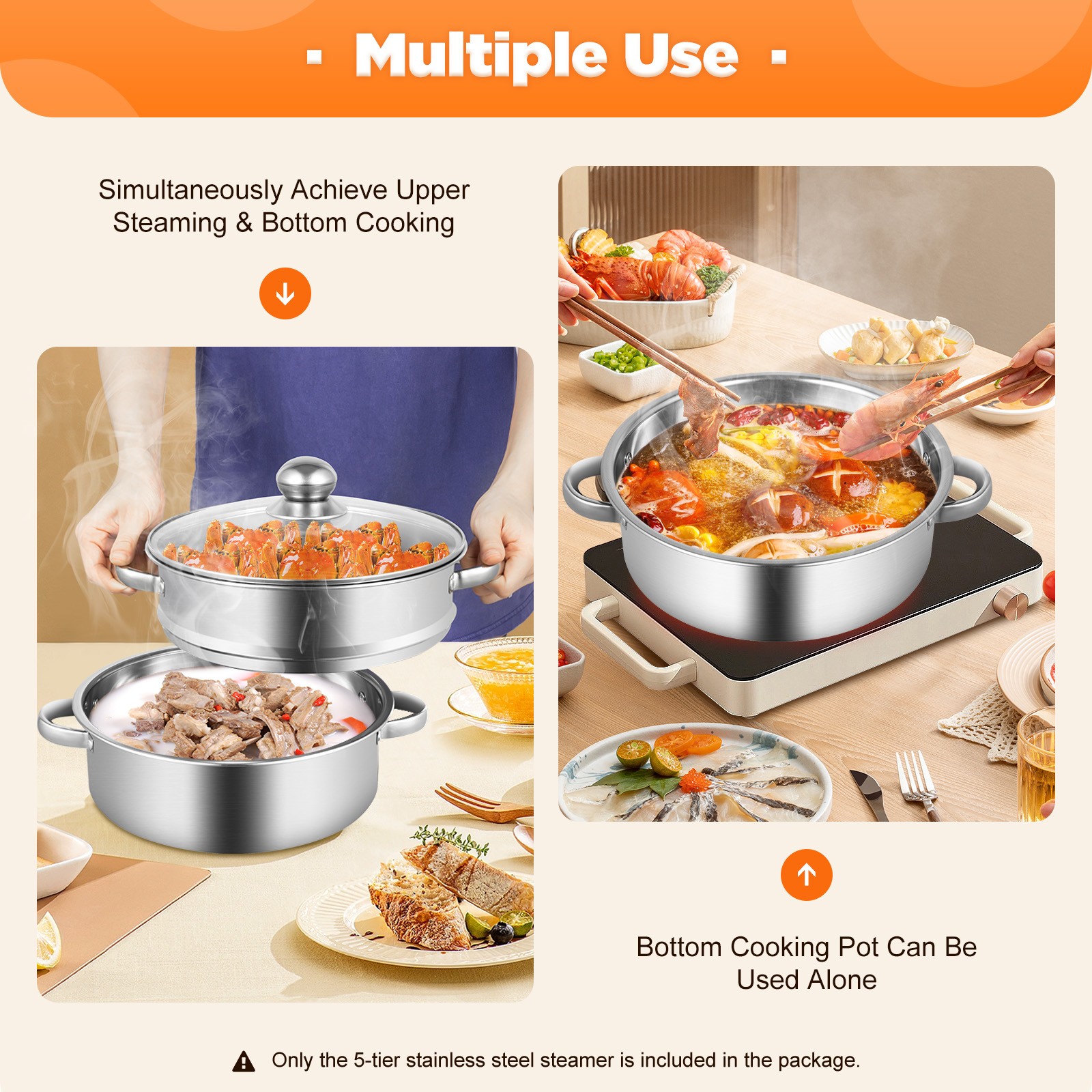 5 Tier Stainless Steel Steamer Cooker Steam Pot Kitchen Food Cooking + Glass lid