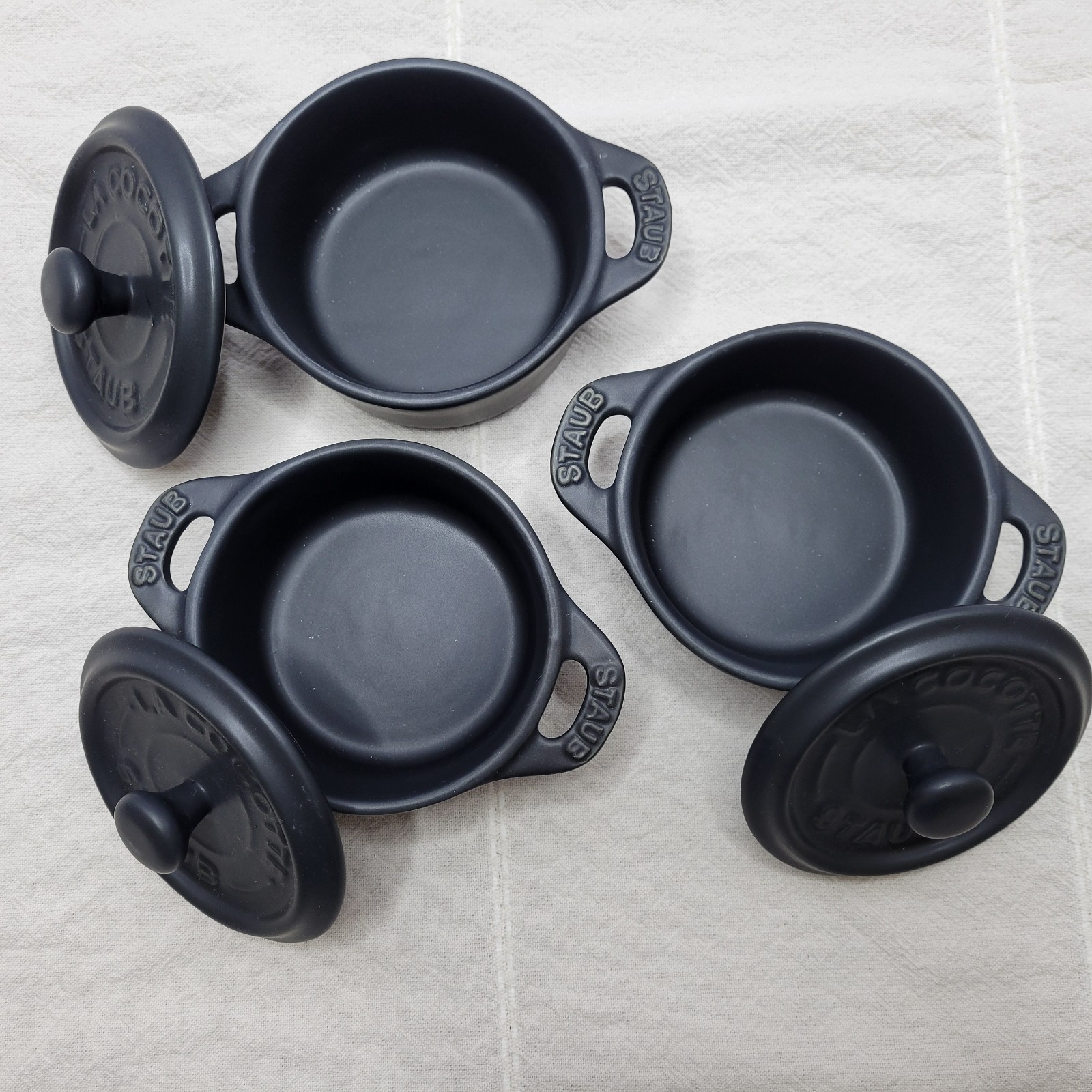 Staub Mini Round Cocotte Set of 3 Ceramic Round Black Matte Casserole 0.25 qt