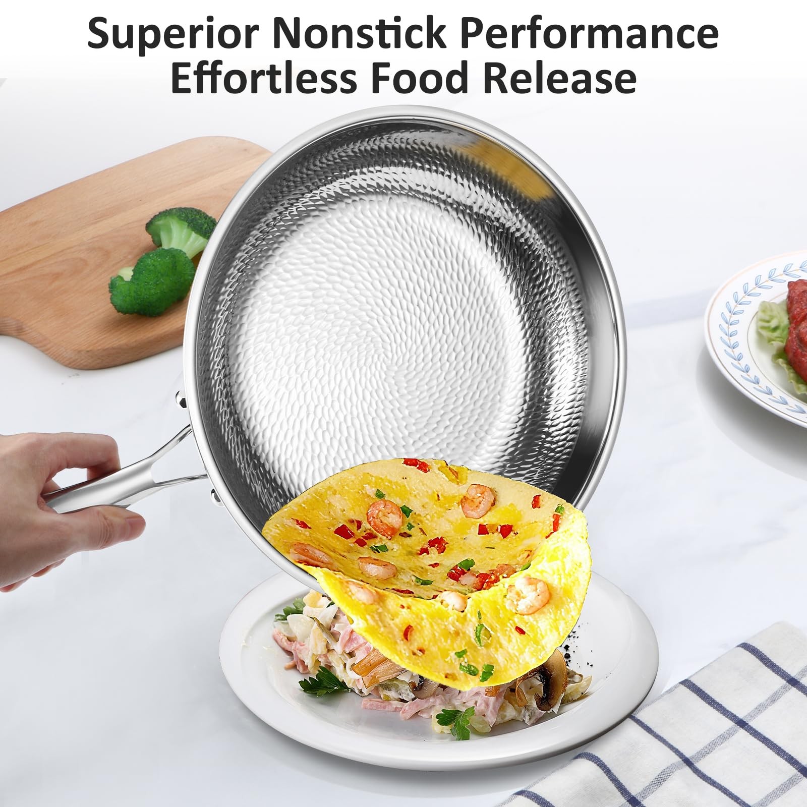 Hammered Non Stick Titanium Frying Pan with Lid – Stainless Steel Kitchen Coo…