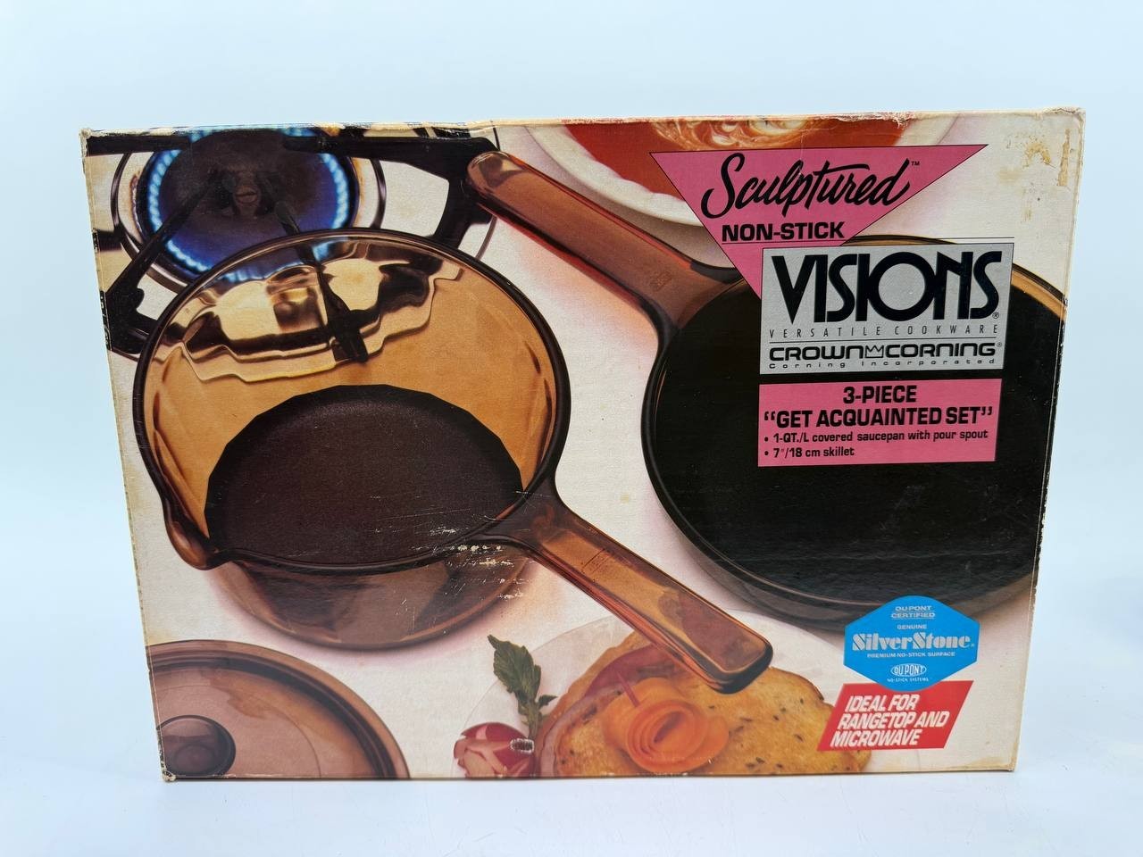 Visions Corning 3 Pc Cookware Set 1 Qt Saucepan 7″ Skillet NOS Open Box 5 Lb