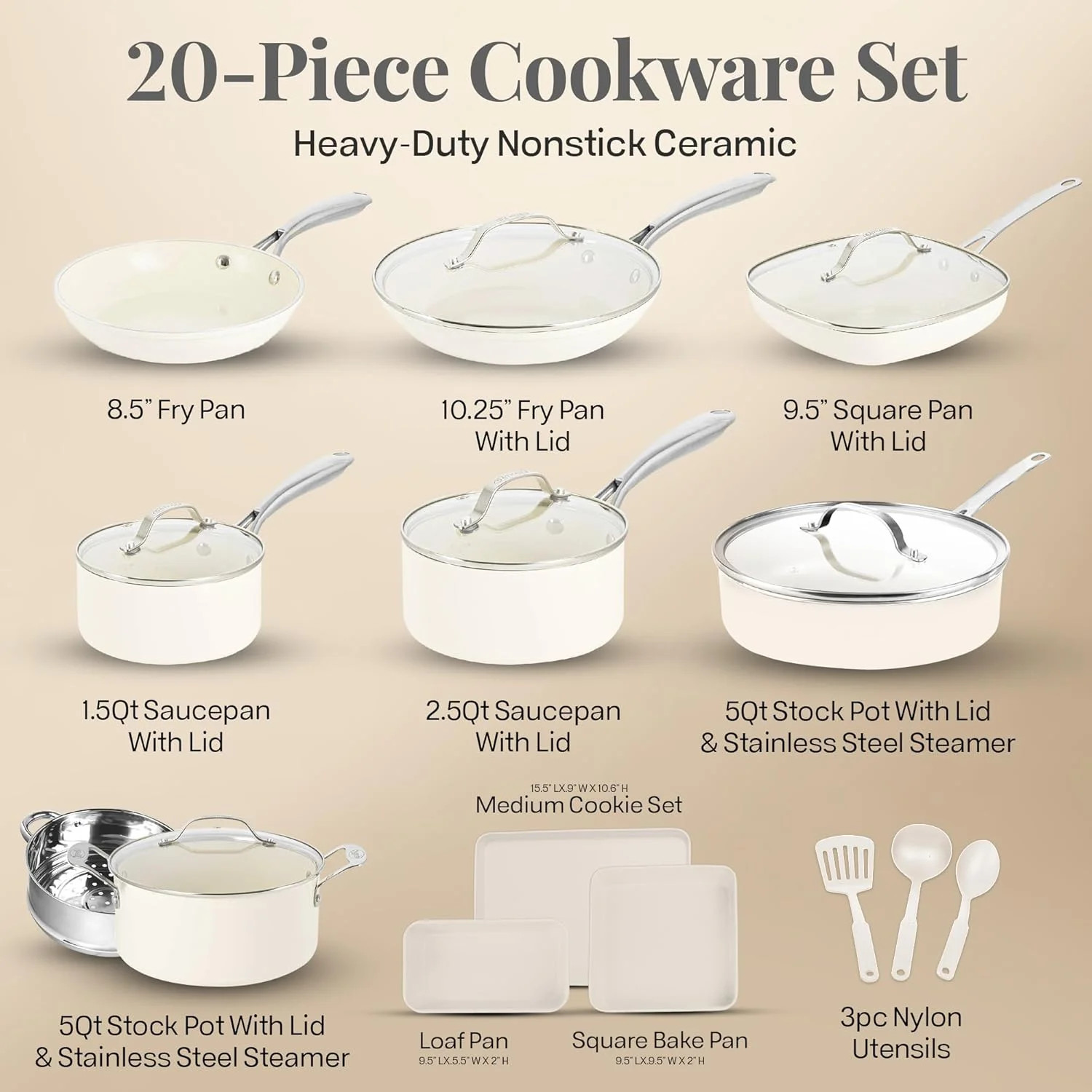 COOKWARE SET 20 Piece Steel Nonstick Pots Ceramic Frying Skillet Lids