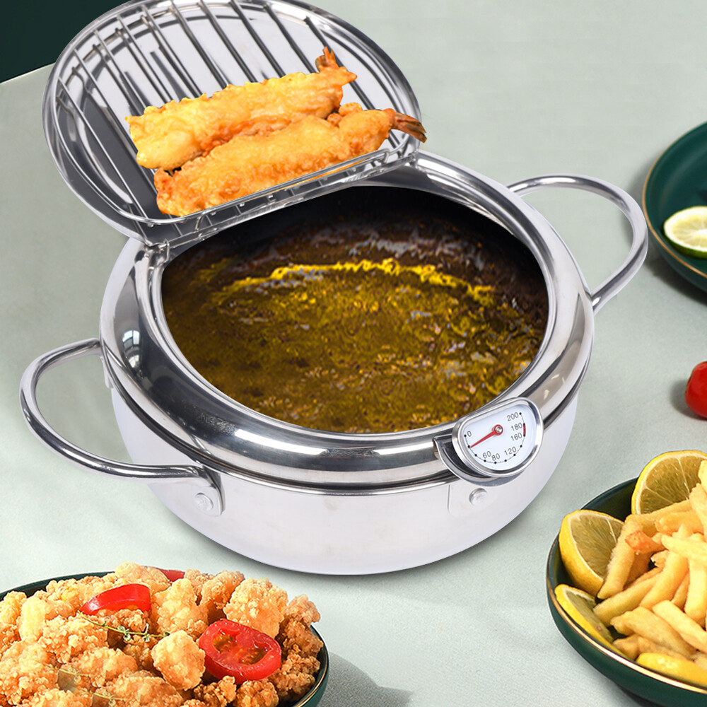 2.2L Deep Fryer Pot Non-sticky Kitchen Deep Frying Pan Fry Foods w/Thermometer