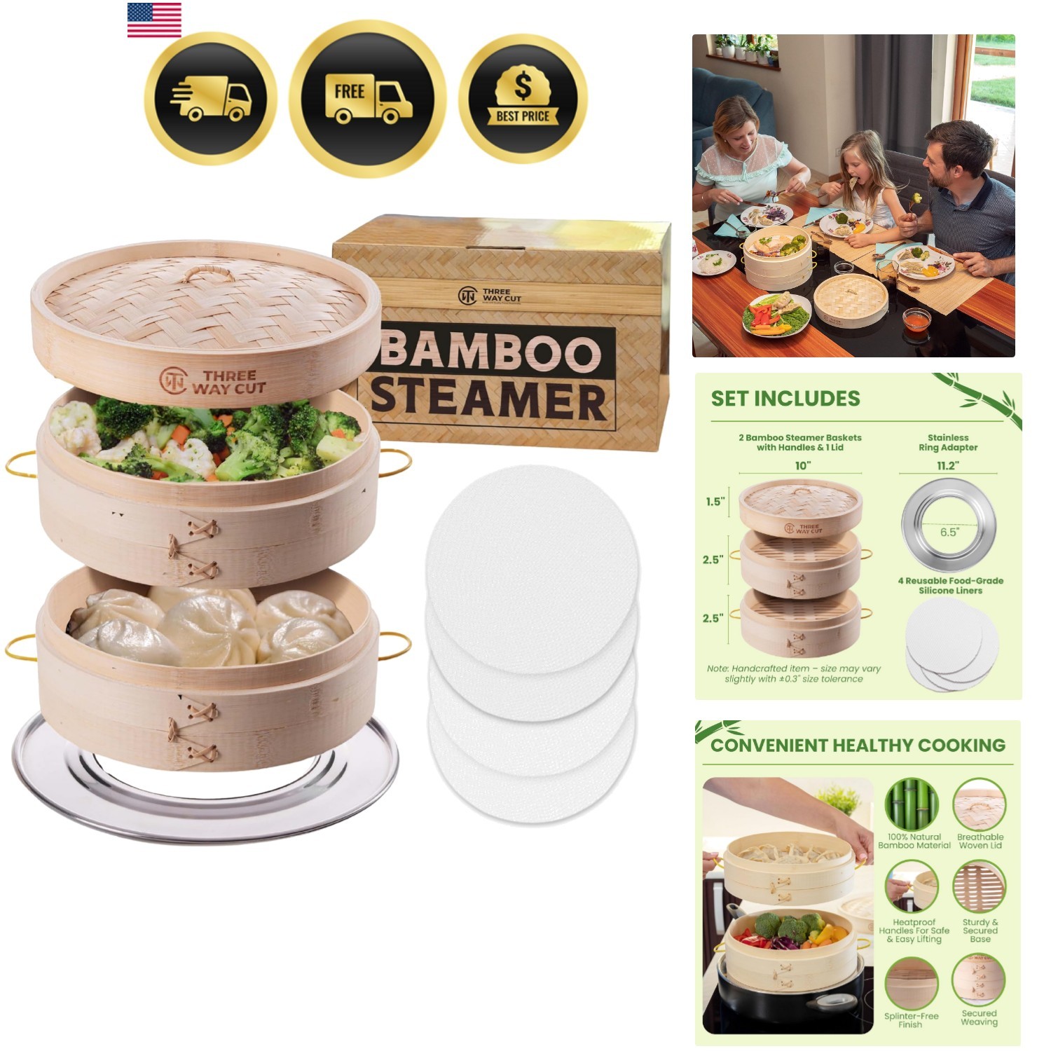 Bamboo Steamer 10 Inch 2 Tier Wooden Basket With Handles Reusable Silicone Li…
