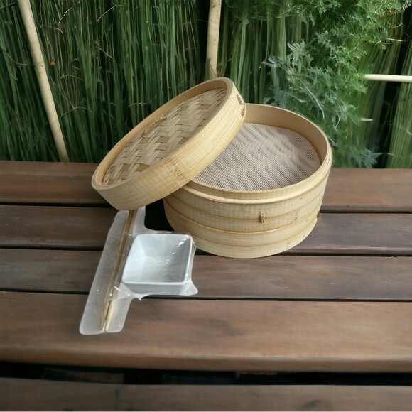 KitchenCrust 10″ 2-Tier Bamboo Steamer Set with Chopsticks Sauce Dish NOB