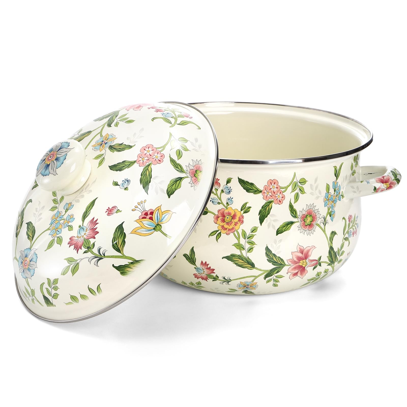 5 Quart Enamel Stockpot with Lid, Green Floral Enamelware Cooking Pot with Du…