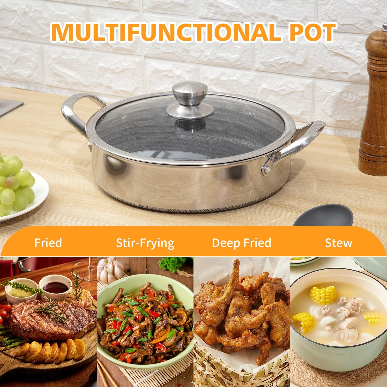 Stainless Steel 7QT Saute Pan 14 Inch Deep Frying Pan with Lid Nonstick,Hybird I