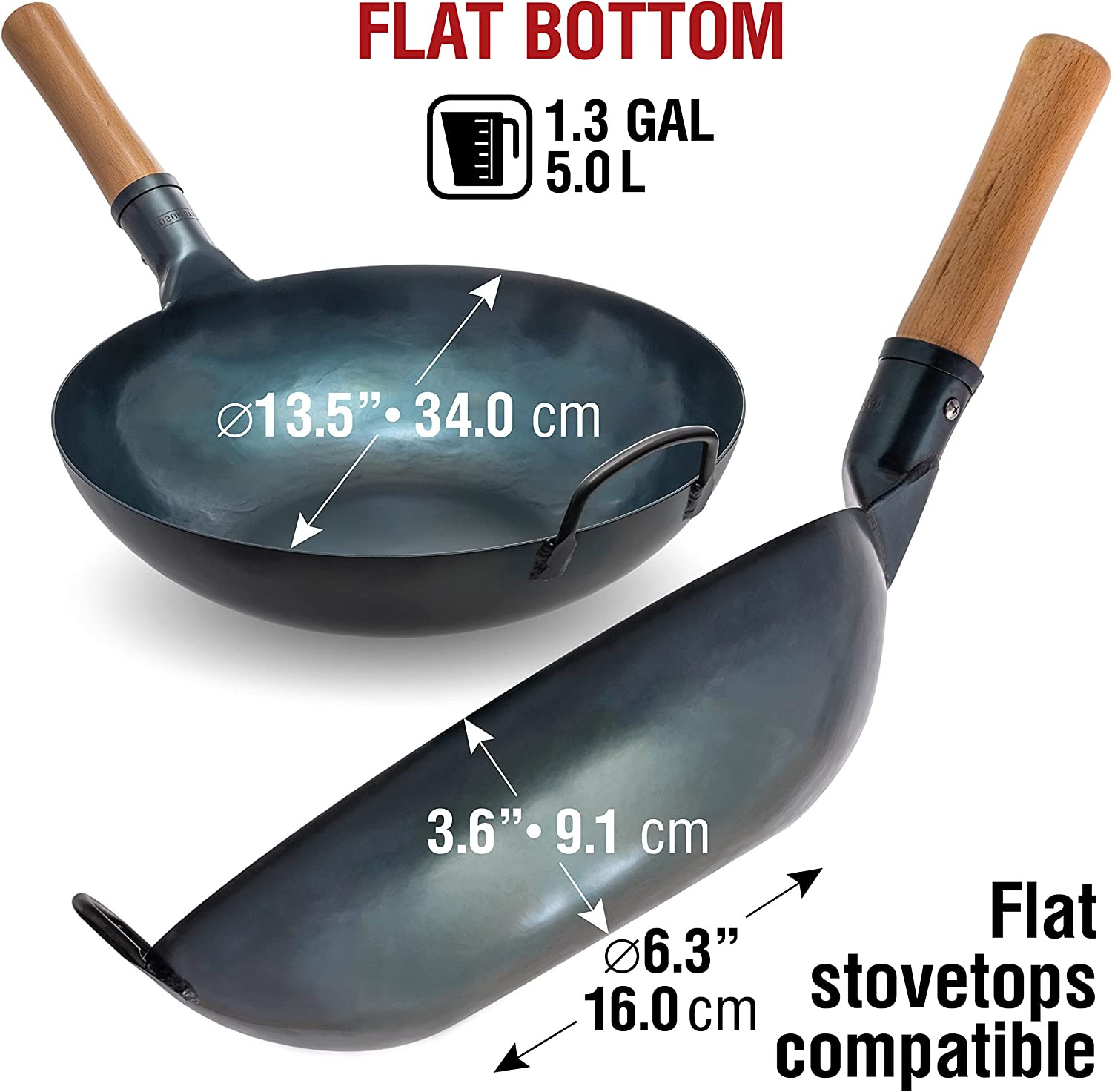 YOSUKATA 13.5” Blue Carbon Steel Wok Pan – Pre-Seasoned Flat Bottom Wok Compatib