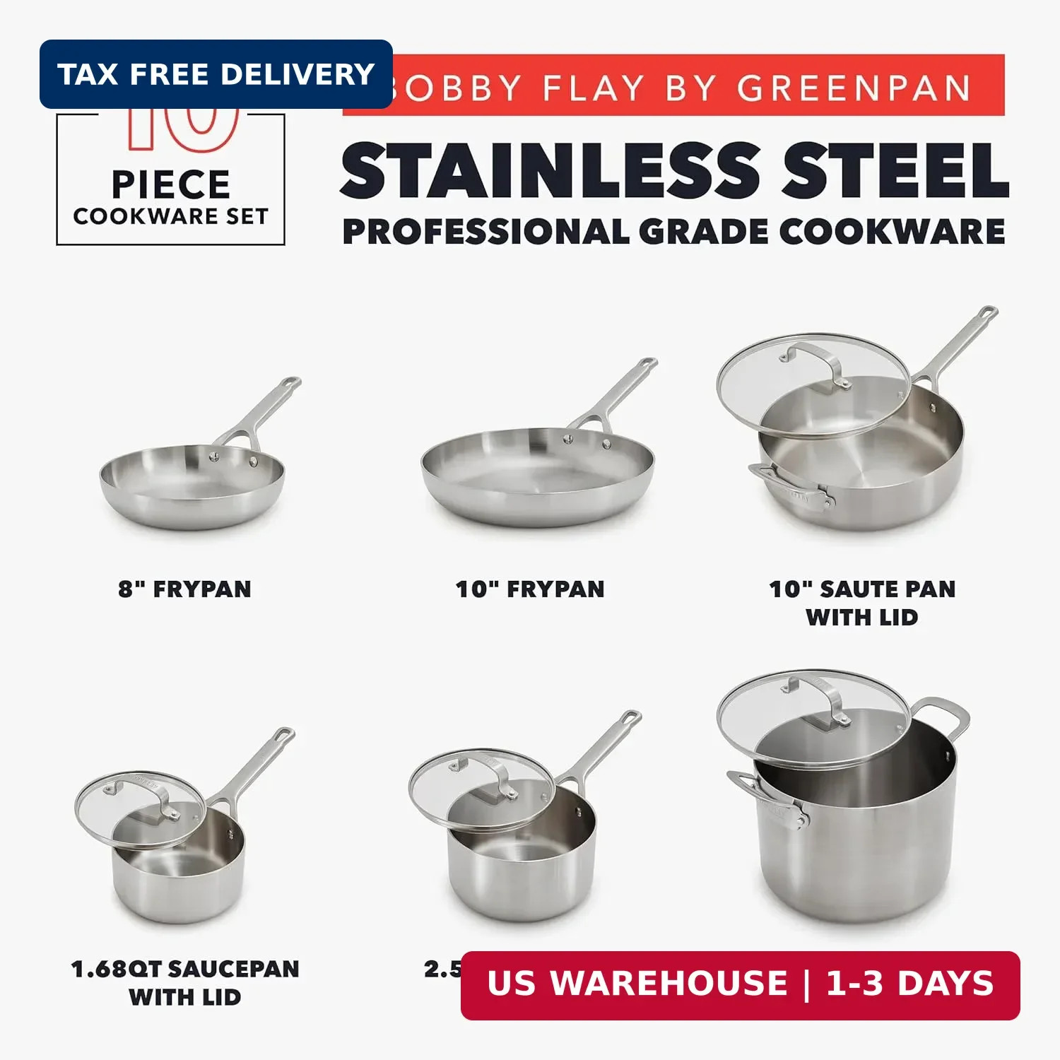 GreenPan x Bobby Flay 10 Piece Stainless Steel Cookware Set, Tri-Ply Multiclad P
