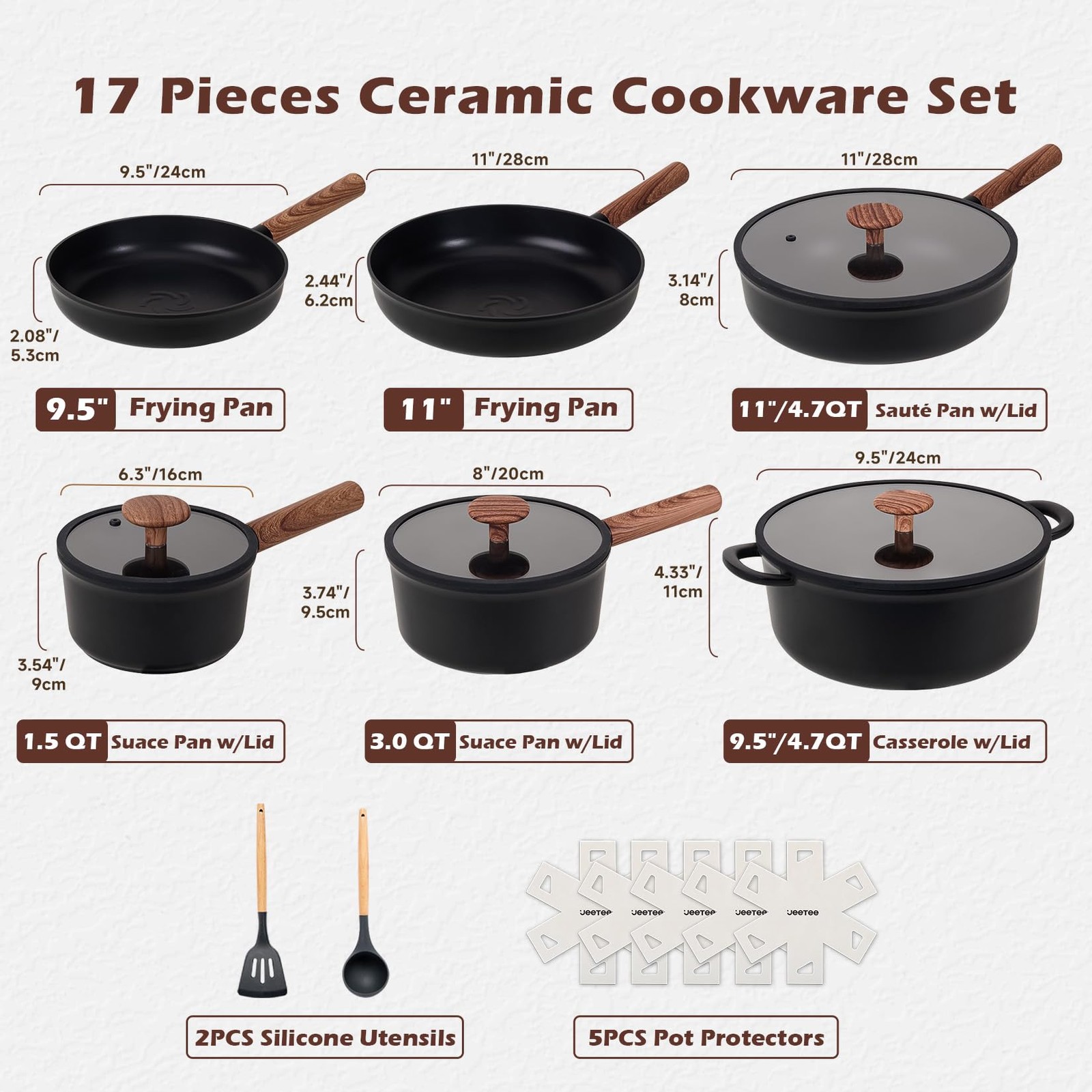 Ceramic Cookware Sets 17 pcs, Healthy Pots and Pans Set Non Stick, Induction …