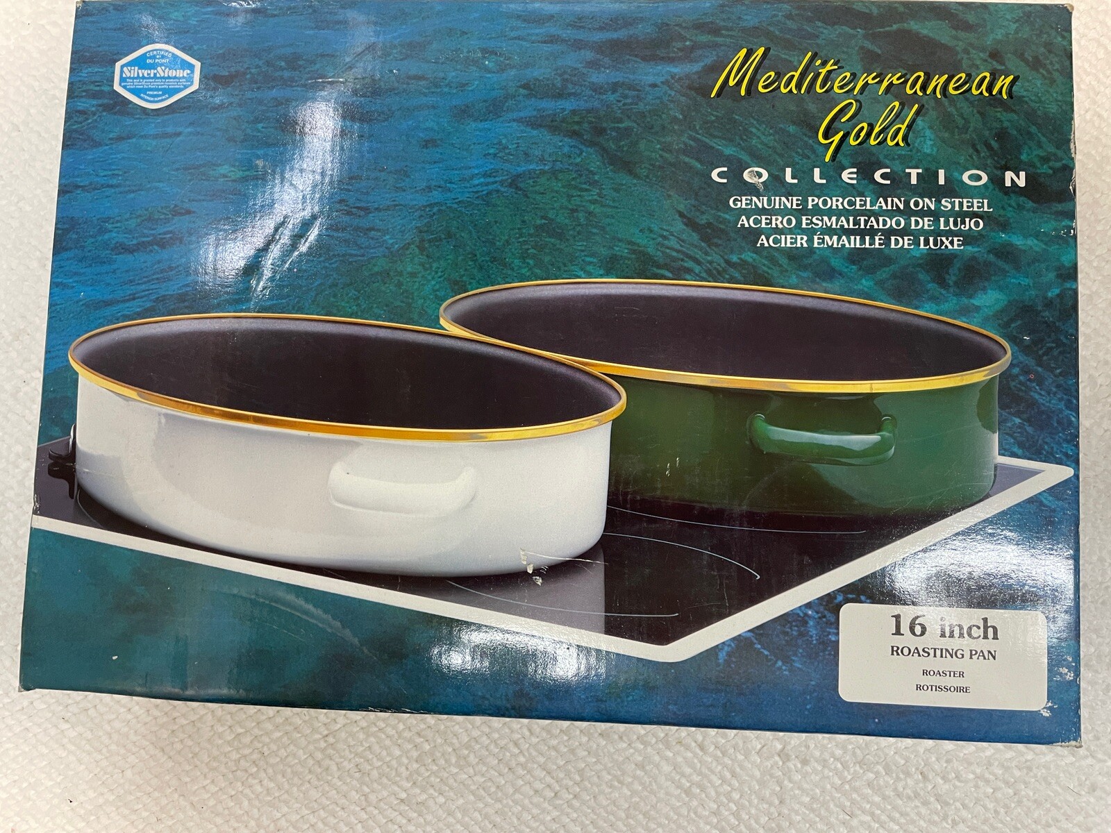 Mediterranean Gold Genuine Porcelain On Steel 16” Roasting Pan Granite White New