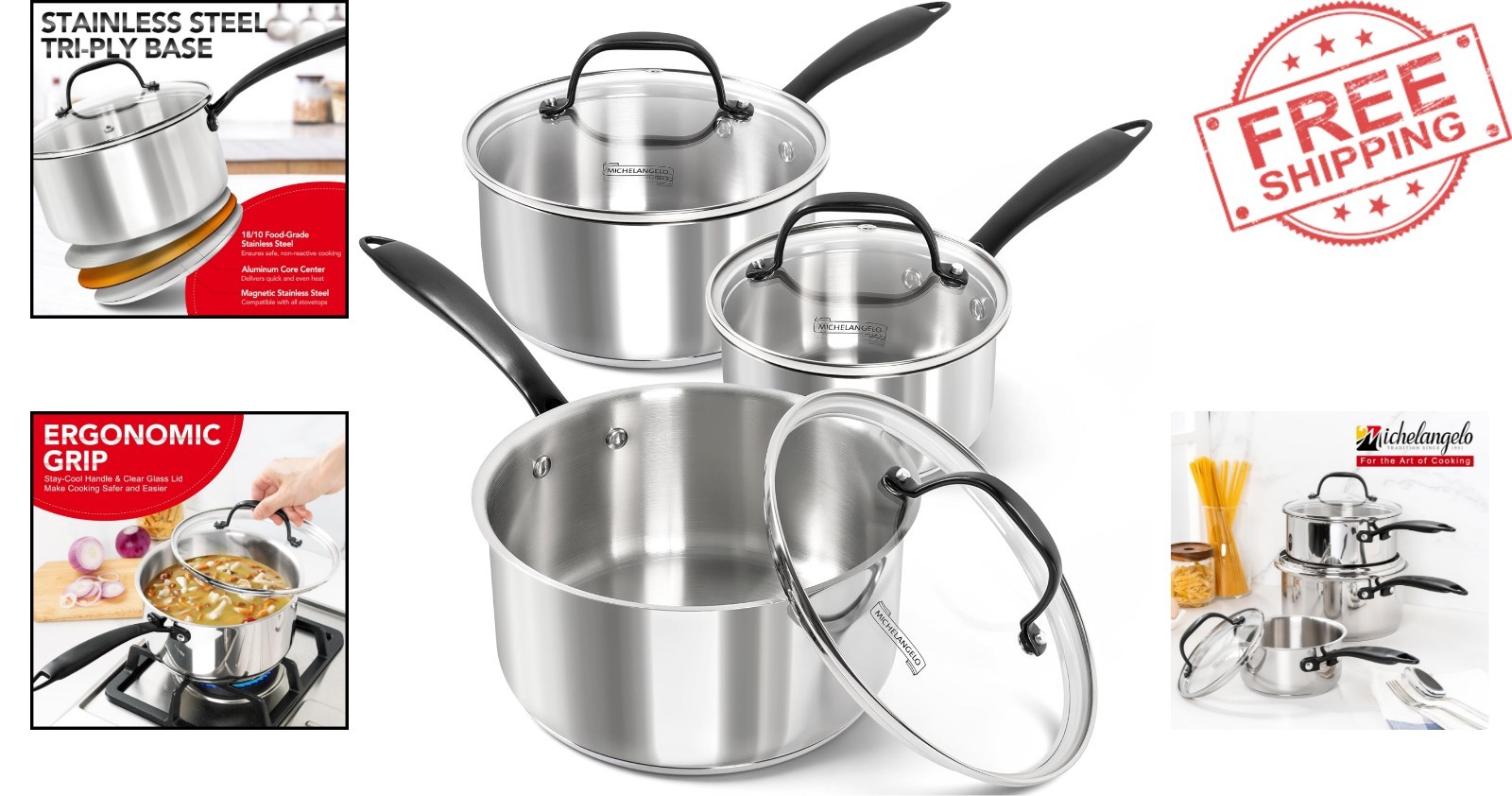 Versatile 6-Piece Stainless Steel Saucepan Set with Stay-Cool Handles & Lids
