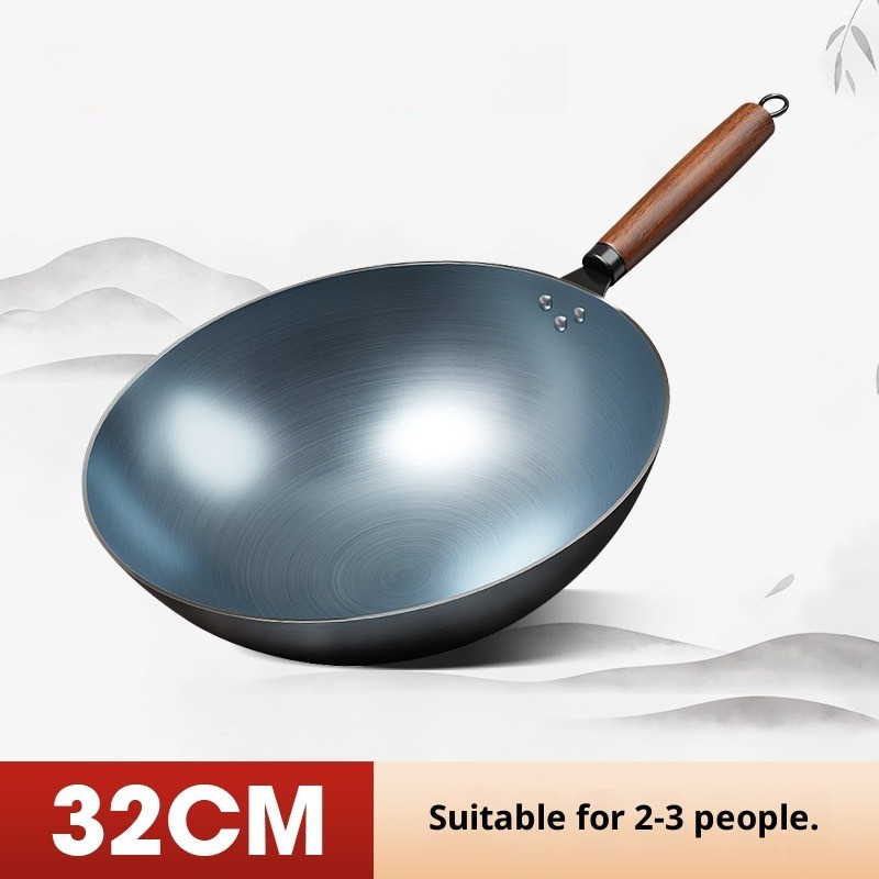 32/34/36CM Wooden Handle Iron Wok Non-Stick Stir Fry Pans Gas Stove Induction AU