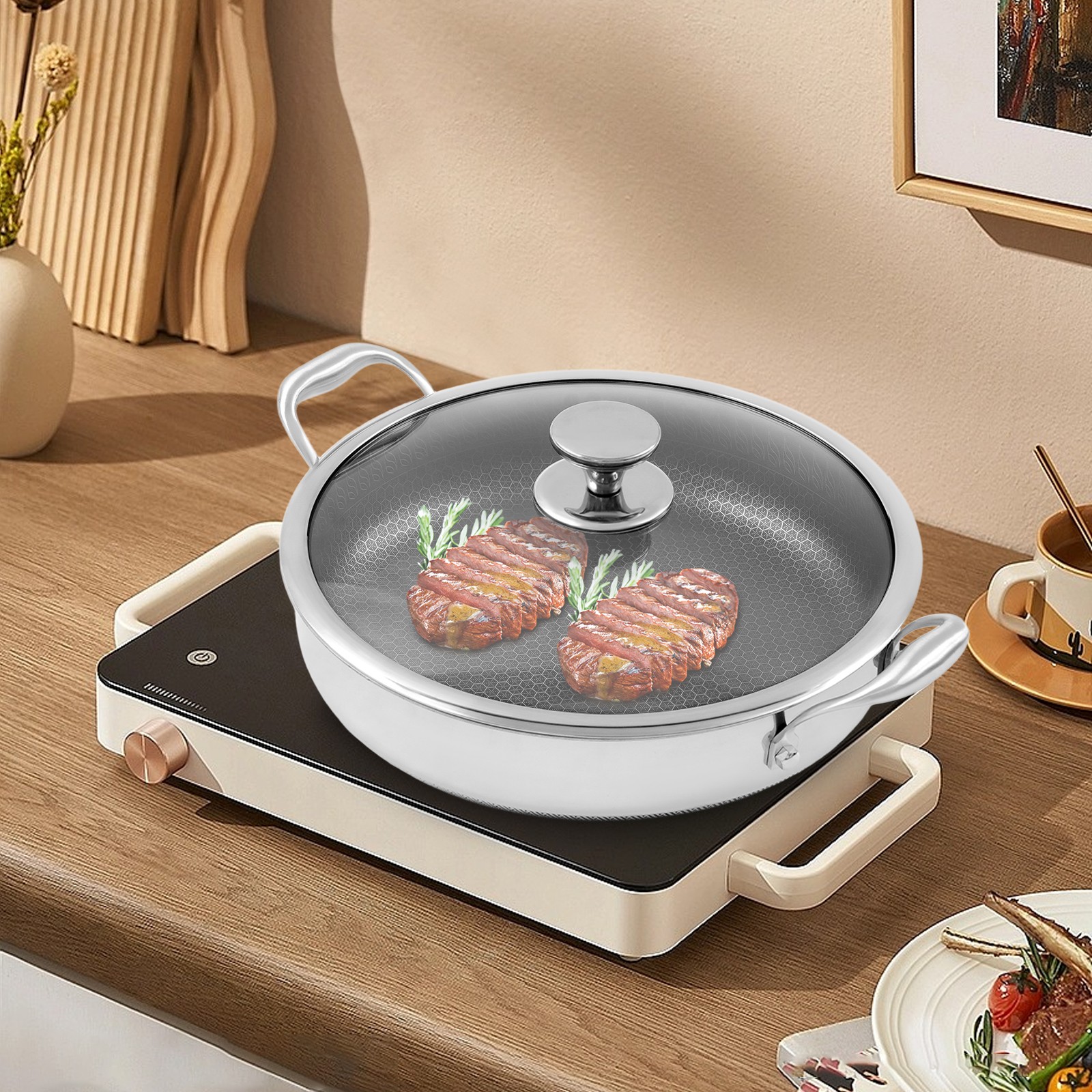 Flat-Bottomed Frying Pan with 2 Handle, Kitchen Round Flat-Bottomed Frying Pan