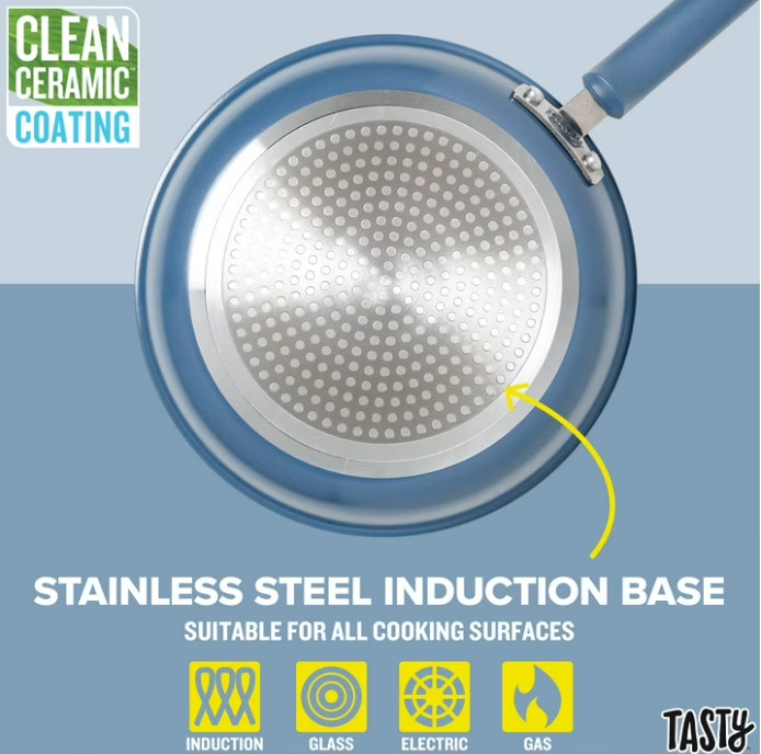 Tasty Clean Ceramic 16 Piece Non-Stick Aluminum Cookware Set, Slate Blue