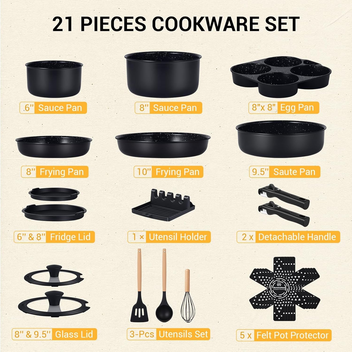 21-Piece Ceramic Pots and Pans Set Non Stick with Detachable Handles and Egg Fry