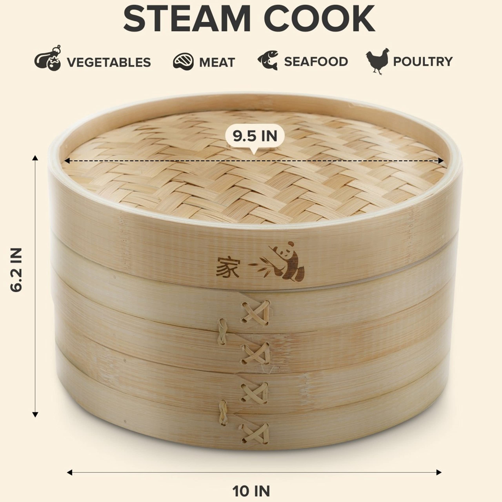 Prime Home Direct Bamboo Steamer Basket 10 inch, Dumpling Maker, Vegetable Steam