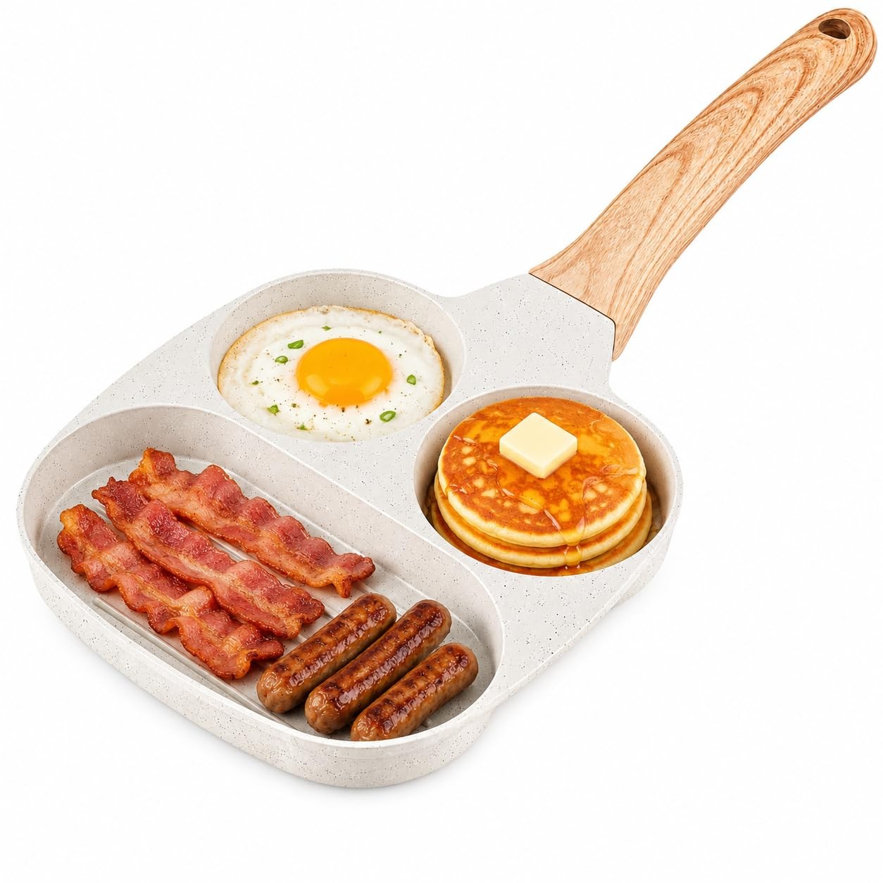1 PC 3in1 Nonstick Egg Frying Omelette Breakfast Pan Wood Handle Beige