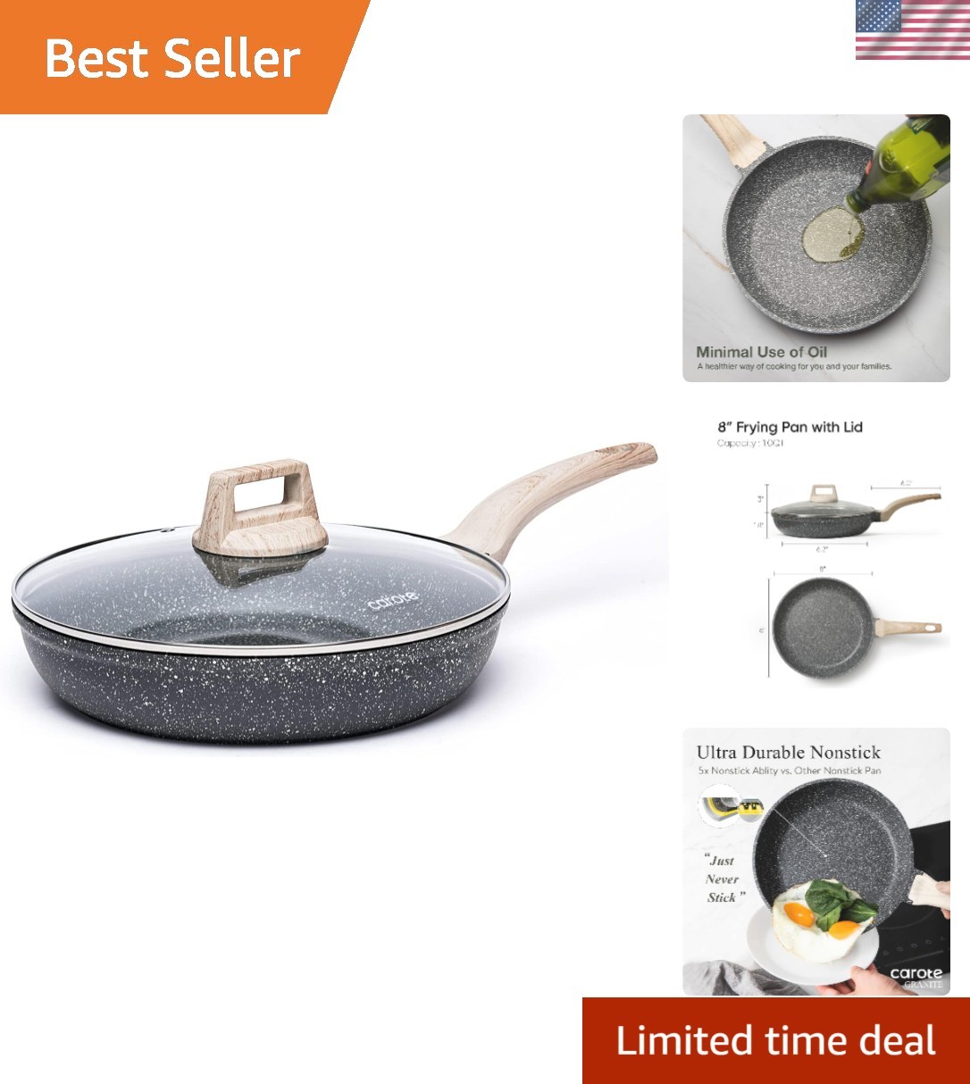 Classic 8-Inch Non-Stick Granite Skillet with Lid | Safe, Durable, and Versatile