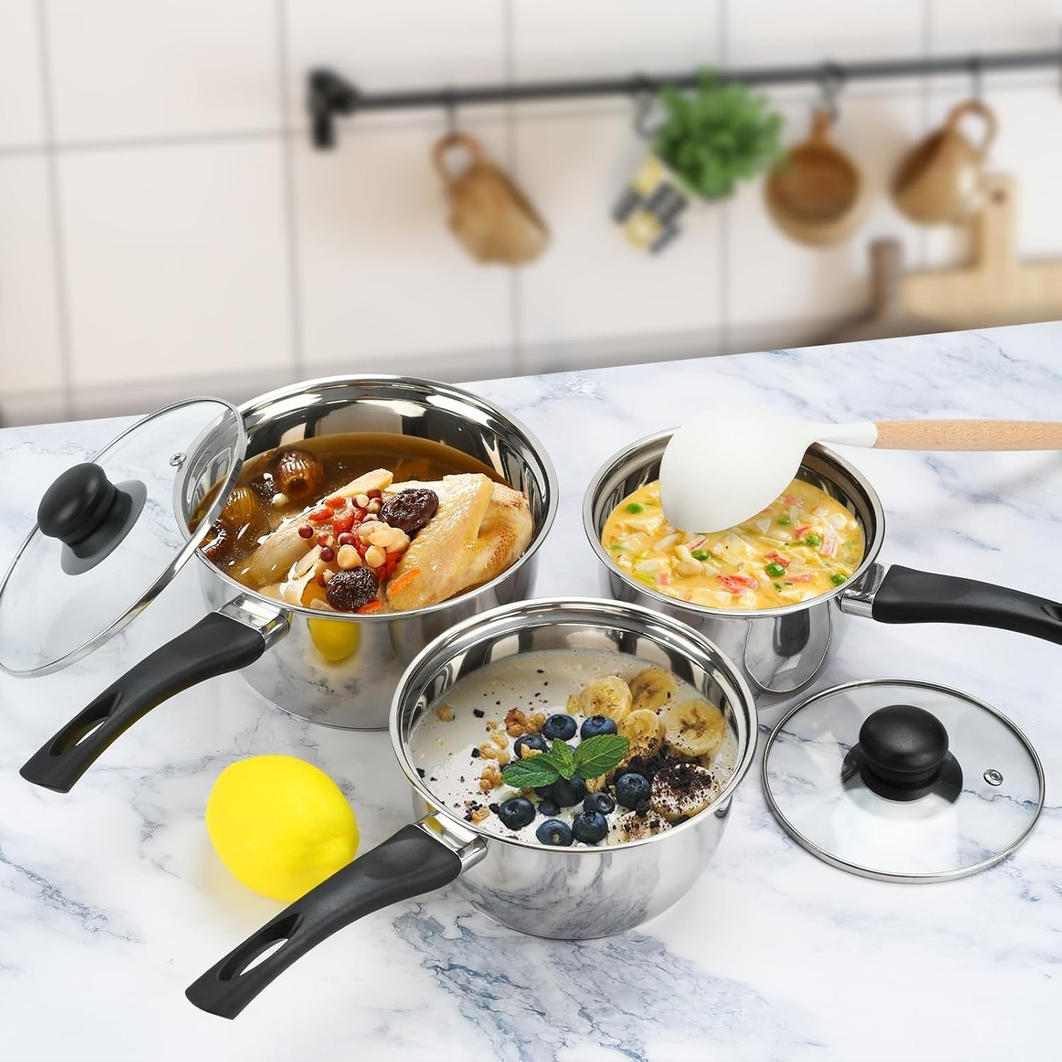 Stainless Steel Saucepan Set, 1 QT & 2 QT & 3 QT Saucepans with Glass Lids…