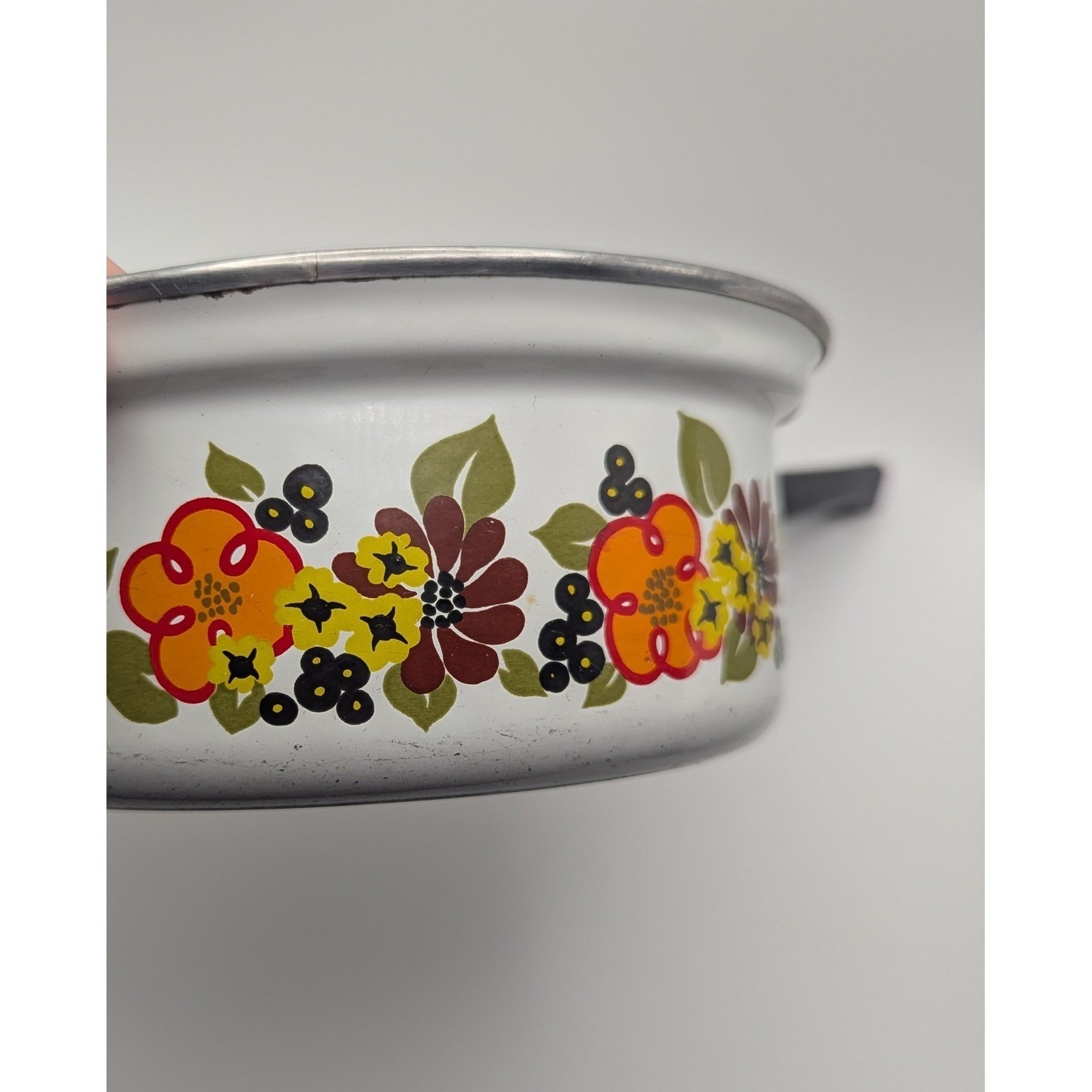 Vtg 1970s Austria Email Enamel Saucepan Floral Print White Orange Brown Retro