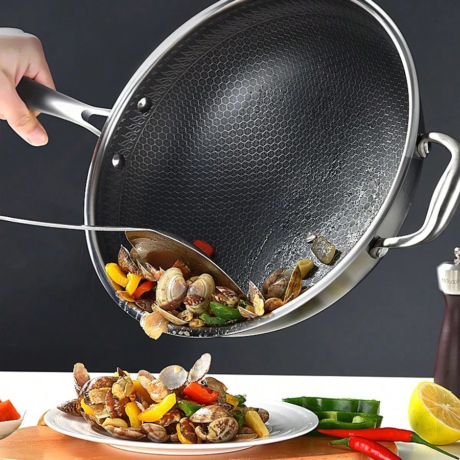 13.3 Inch Stainless Steel Wok Pan with Lid Honeycomb Nonstick Frying Pan