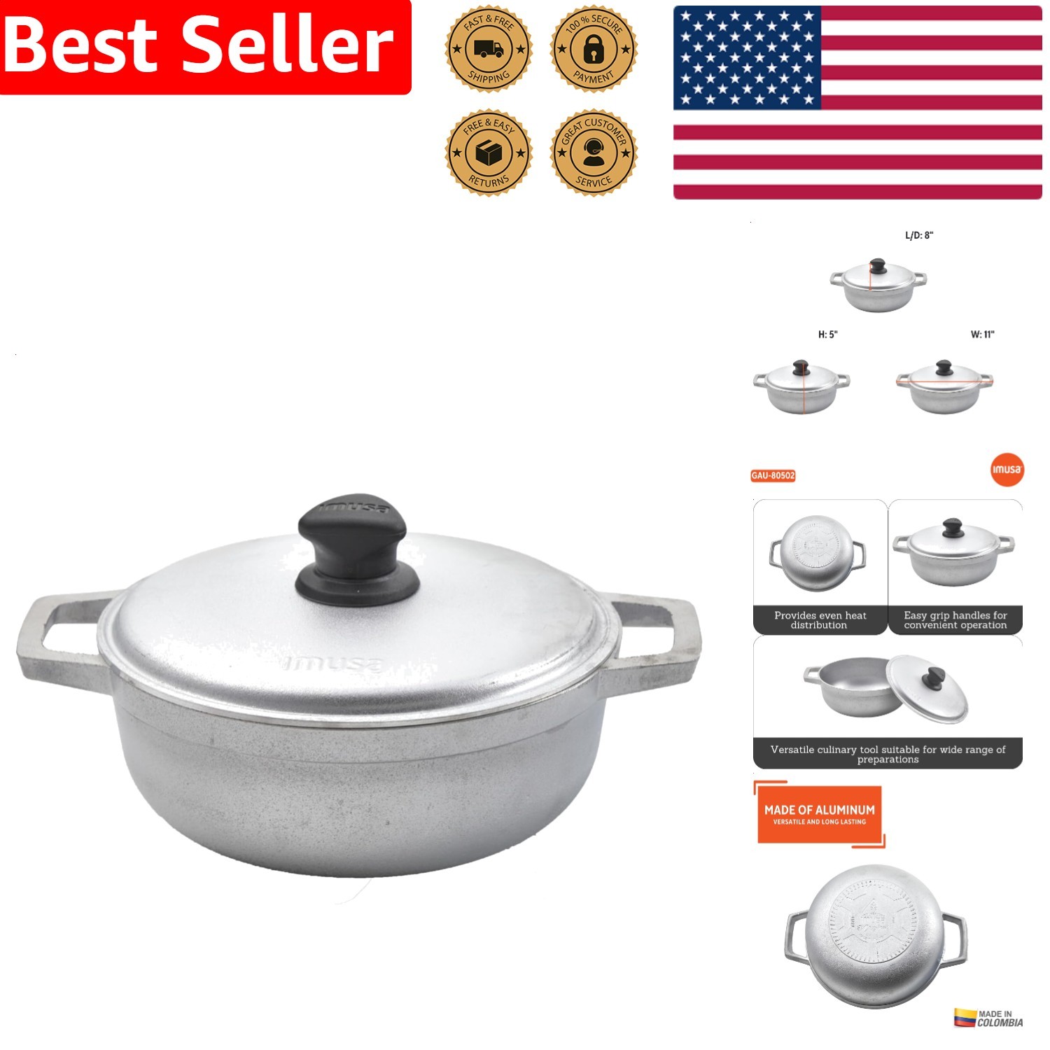 Traditional Caldero Pot 2 Qt Cast Aluminum Natural Cooking Essential Colombia