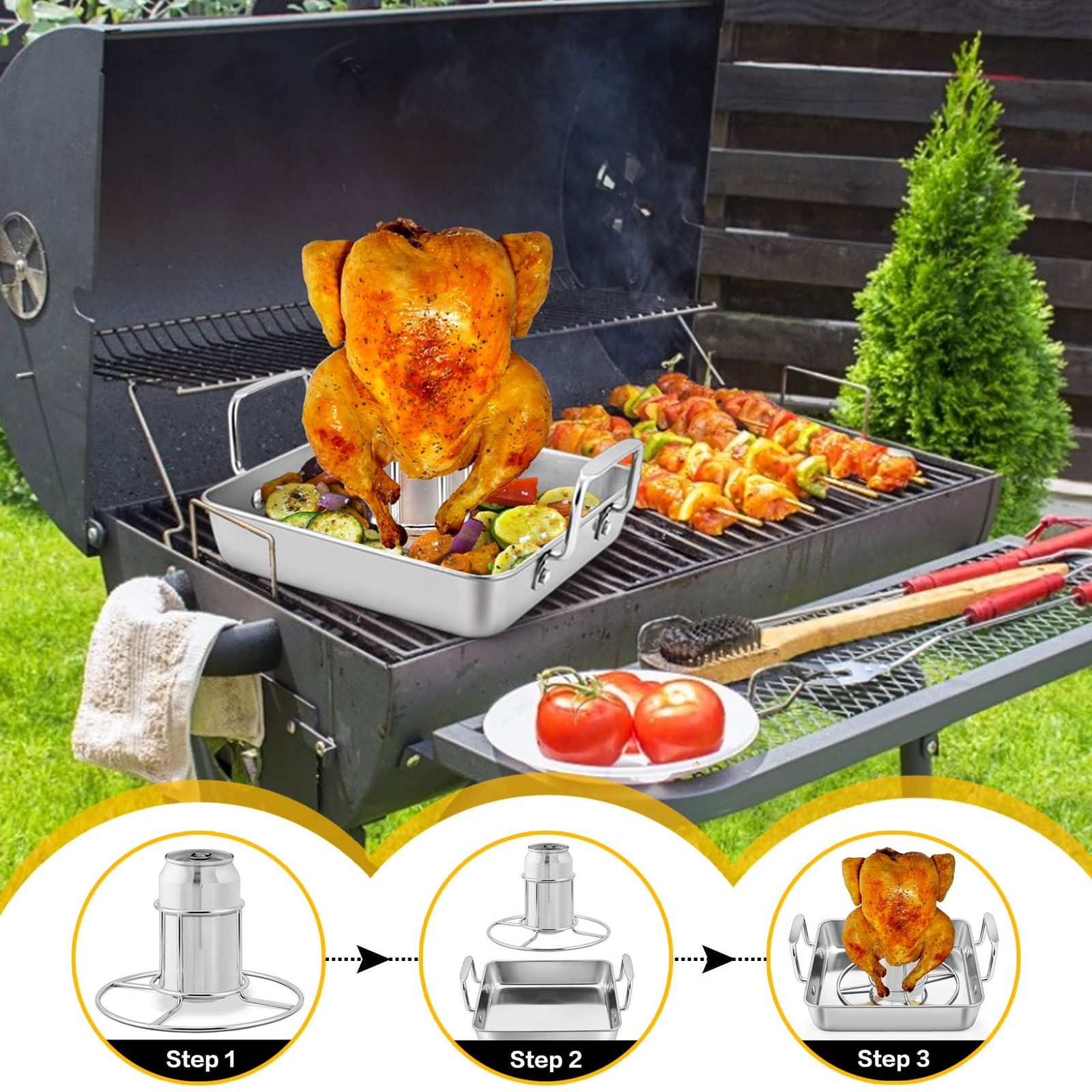 Roasting Pan with Rack, P&P CHEF Beer Can Chicken Roaster 9-inch Stainless Steel