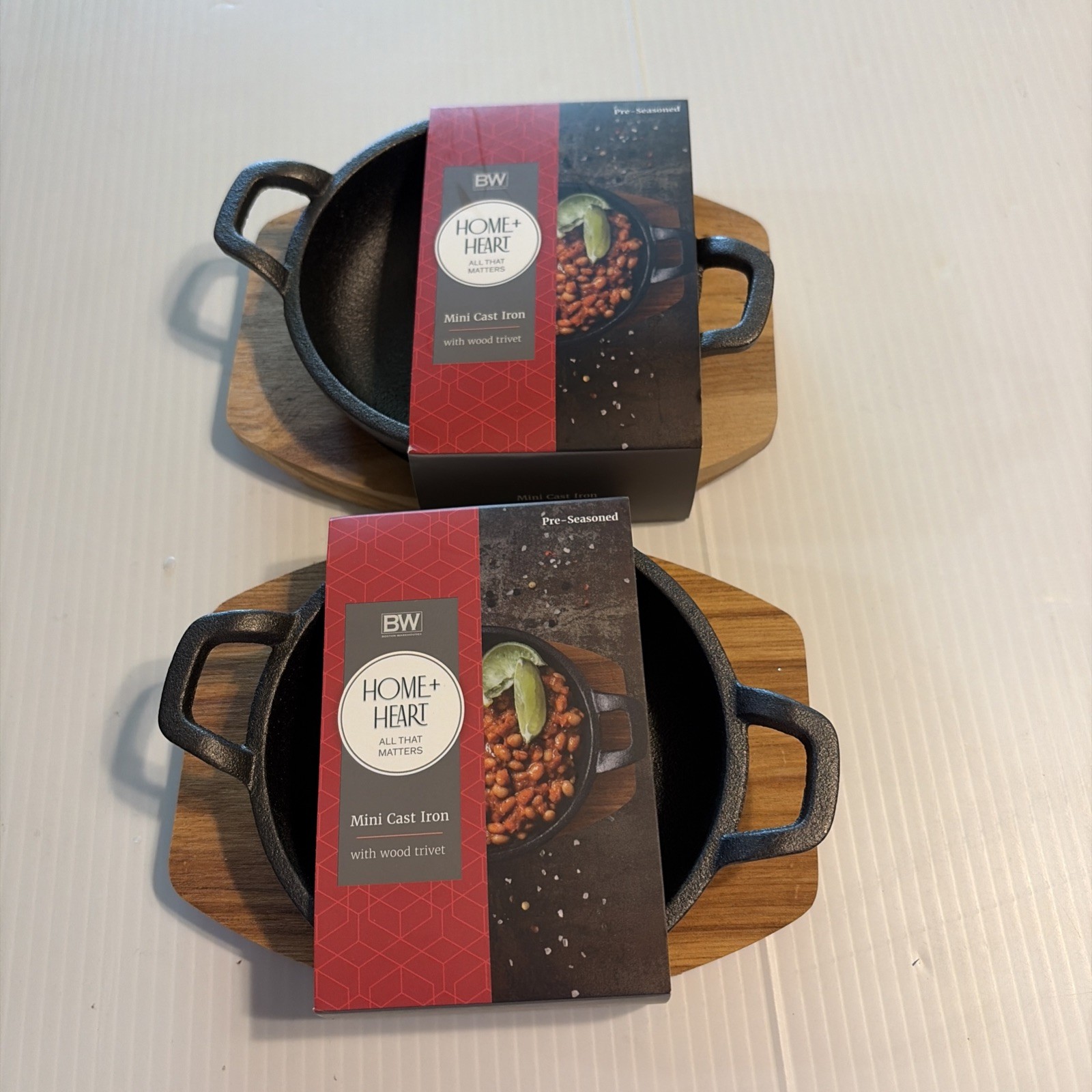 BW Home + Heart Mini Round Cast Iron Skillets w/ Wood Trivets – Set Of 2