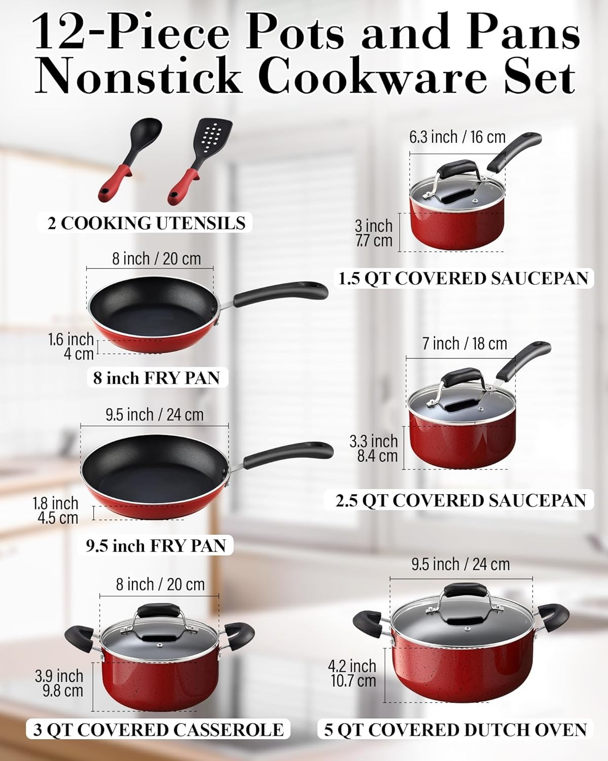 Cook N Home Nonstick Cookware Set 12pc Marble Red