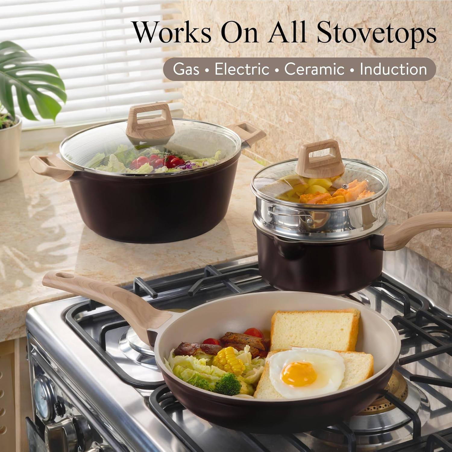 21 PCS Ceramic Cookware Set, Pots and Pans Set Non Stick, Pot and Pan Set with F