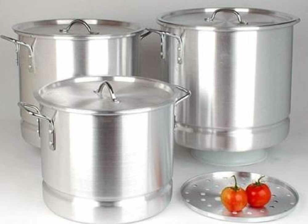 6 Pieces Aluminum Stock Pot Set With Steamer,64,84,100 Quarts, Silver