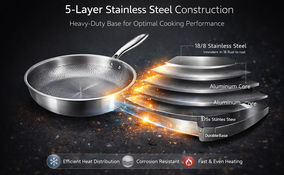 Pure Titanium Hammered Frying Pan with Lid, 12 Inch Skillet, No Coating