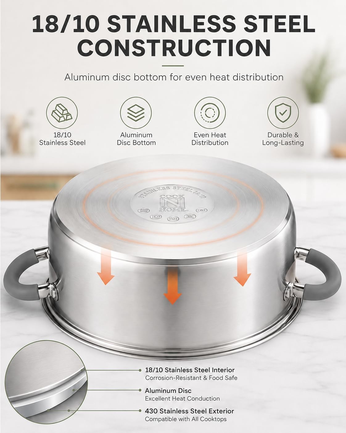 Cook N Home Basics Stainless Steel Cookware 12 Pieces, Gray Silicone Handle
