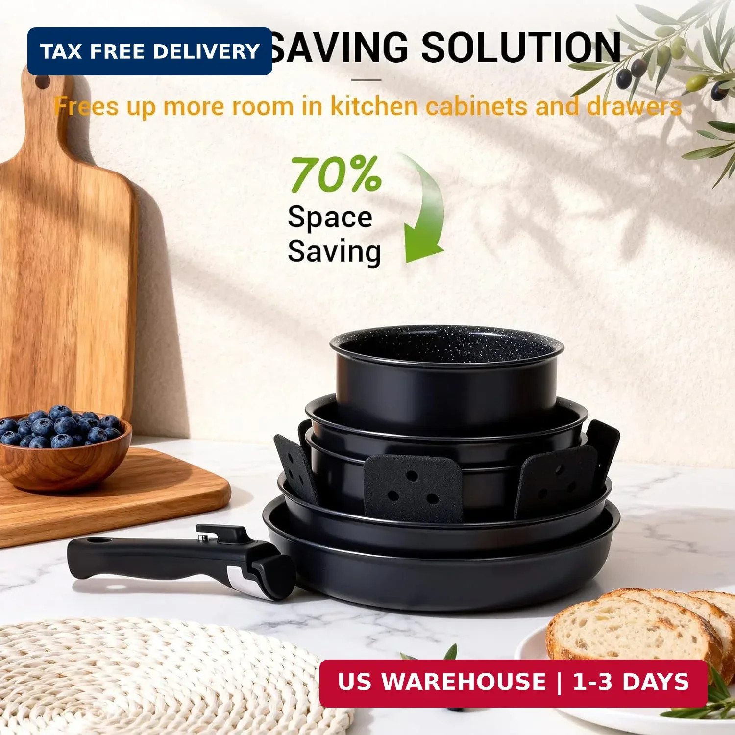 Ammeloo 21-Piece Ceramic Pots and Pans Set Non Stick with Detachable Handles and