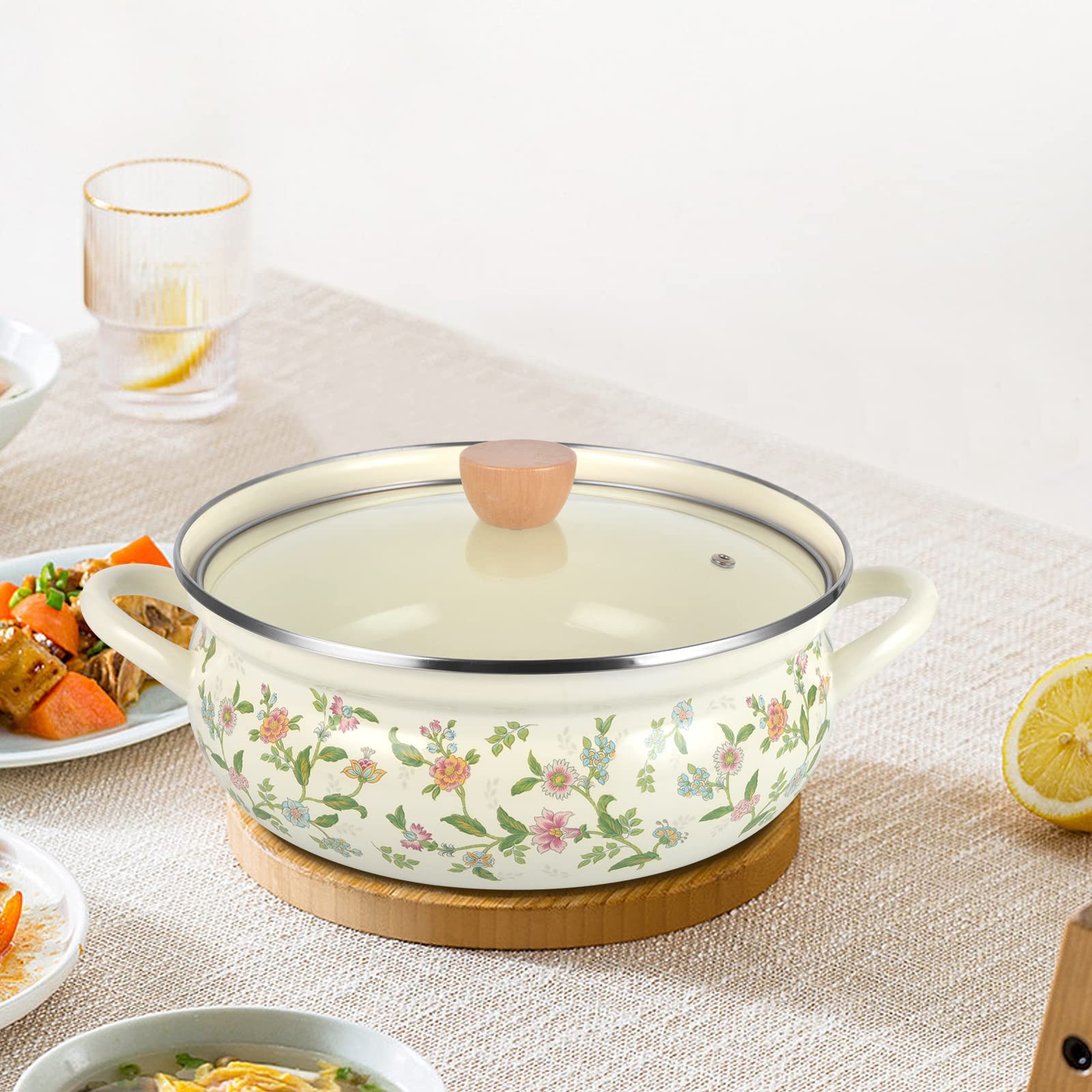 Enamel Stock Pot With Lid Floral Retro Cooking Non Stick Soup Induction STYLE1