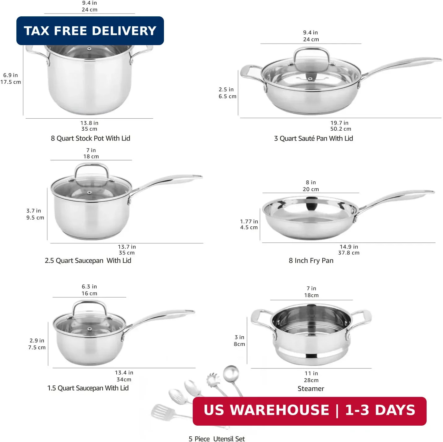 Amazon Basics Stainless Steel Cookware 15-Piece Set, Oven Safe, Induction-Ready,