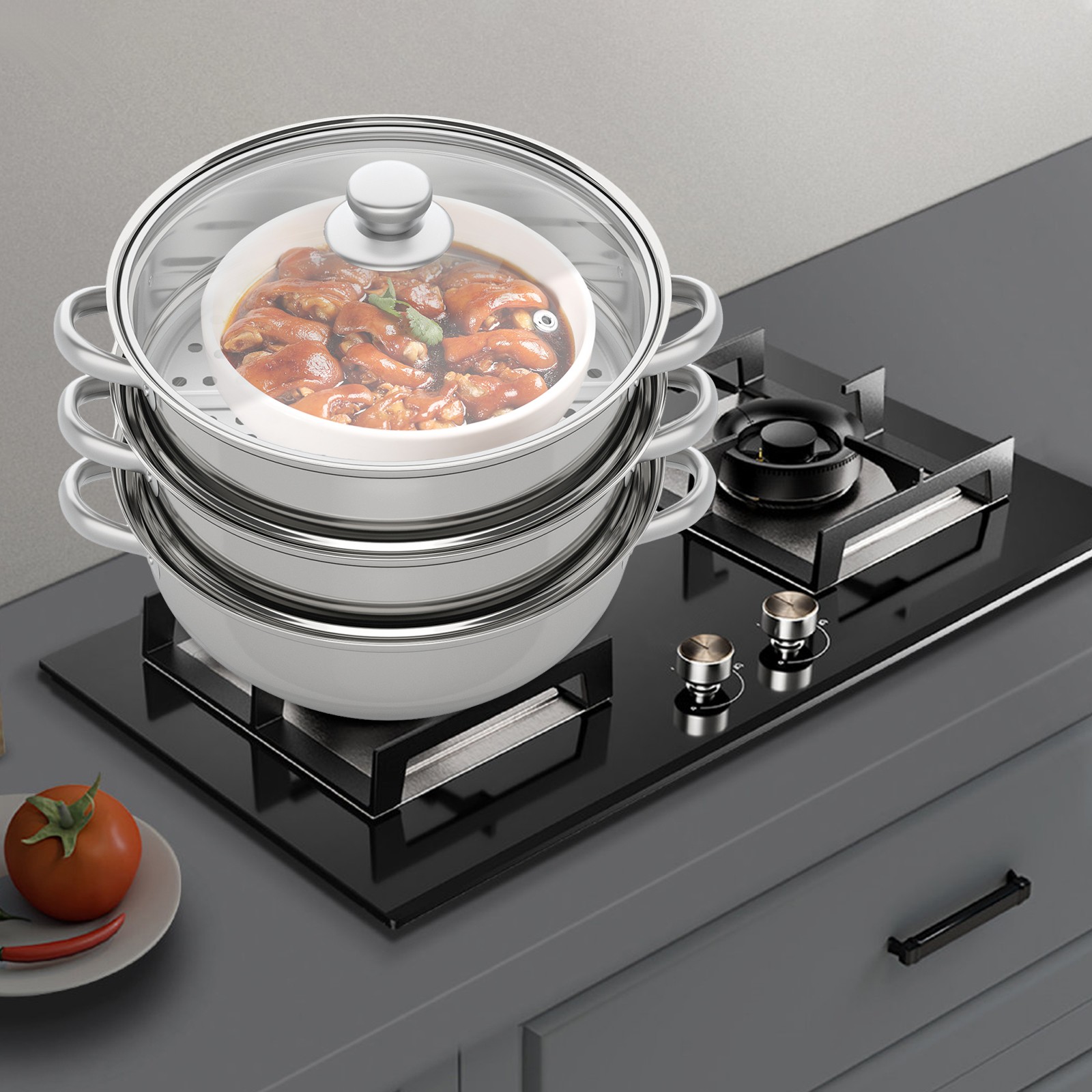 3 Tiers Stainless Steel Food Steamer Cooker Pot Vegetable Fish w/Glass Lid