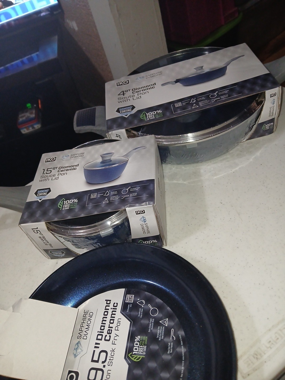Set Of 3 Sapphire Diamond Dutch Oven + Lid IKO 5 Qt ,1.5q, 9.5 Fry Pan…