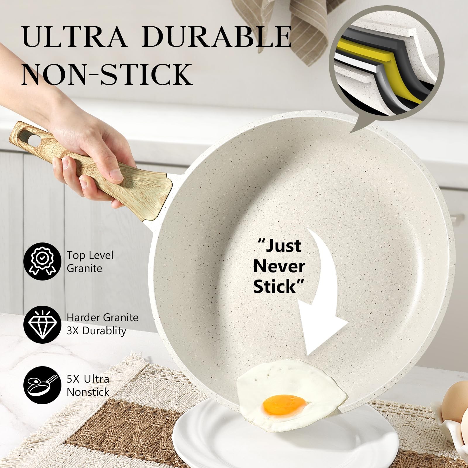 9.5 Inch White Granite Nonstick Frying Pan Skillet With Lid PFOA Free