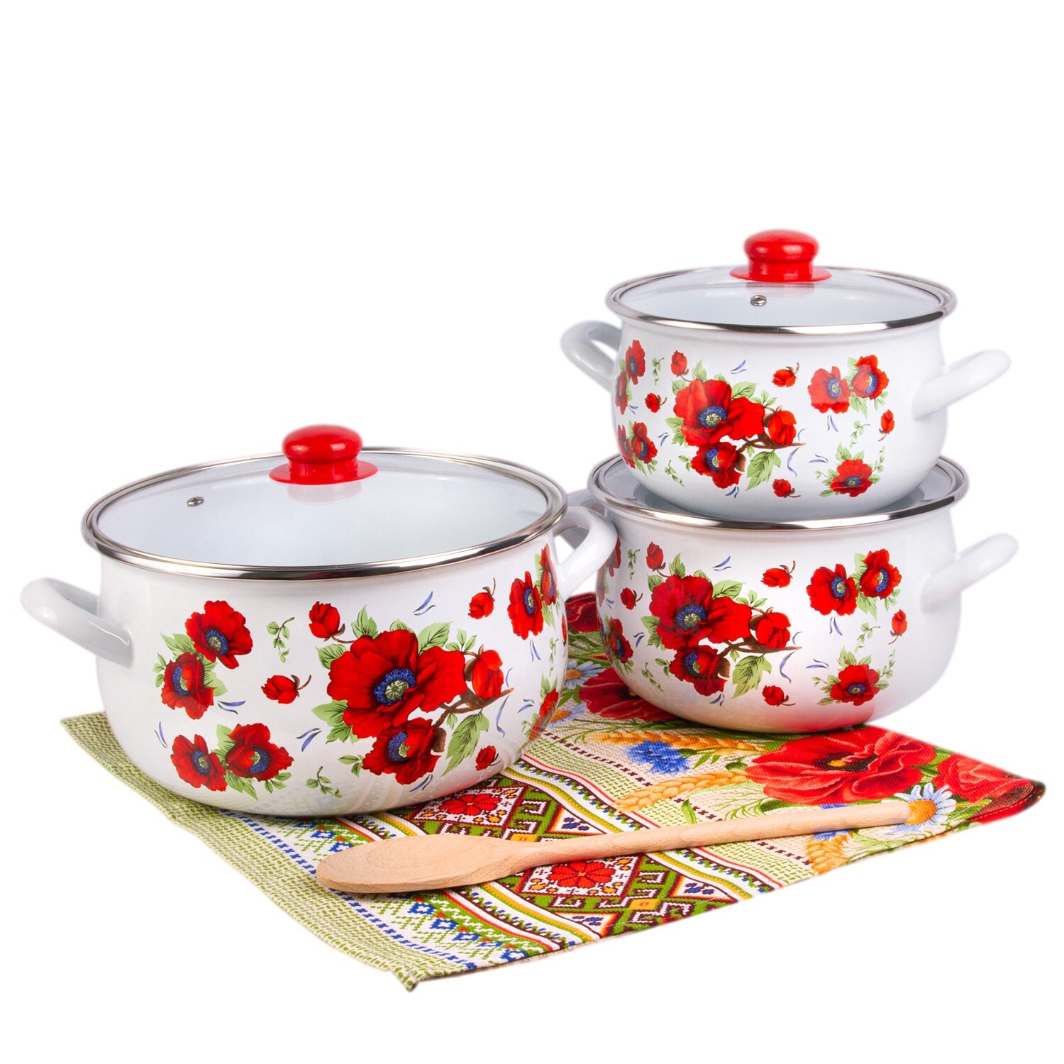 3 pc POPPY Enamel Stockpot Set Cooking Pot Set Enamel Casserole 2-qt 4-qt 6.5-qt