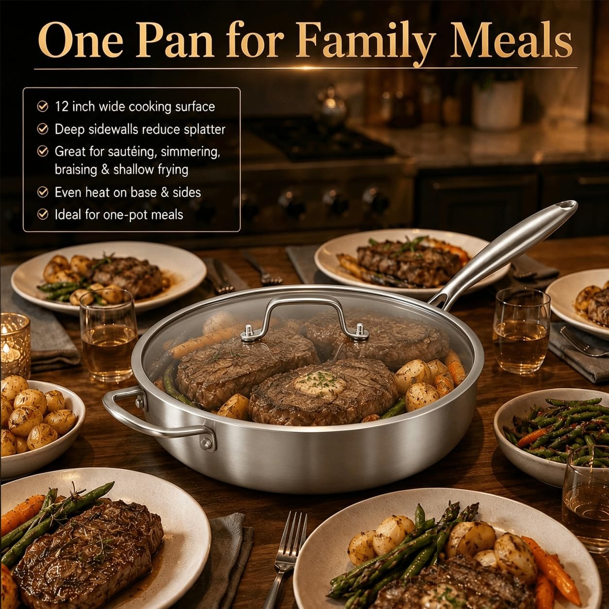 Tri-Ply Stainless Steel Frying Pan,12 inch Skillet with Lid,6 Quart Saute Pan…