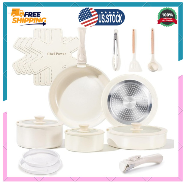 Ceramic Cookware Set Non Toxic with Detachable Handles, Healthy Nonstick Pans…