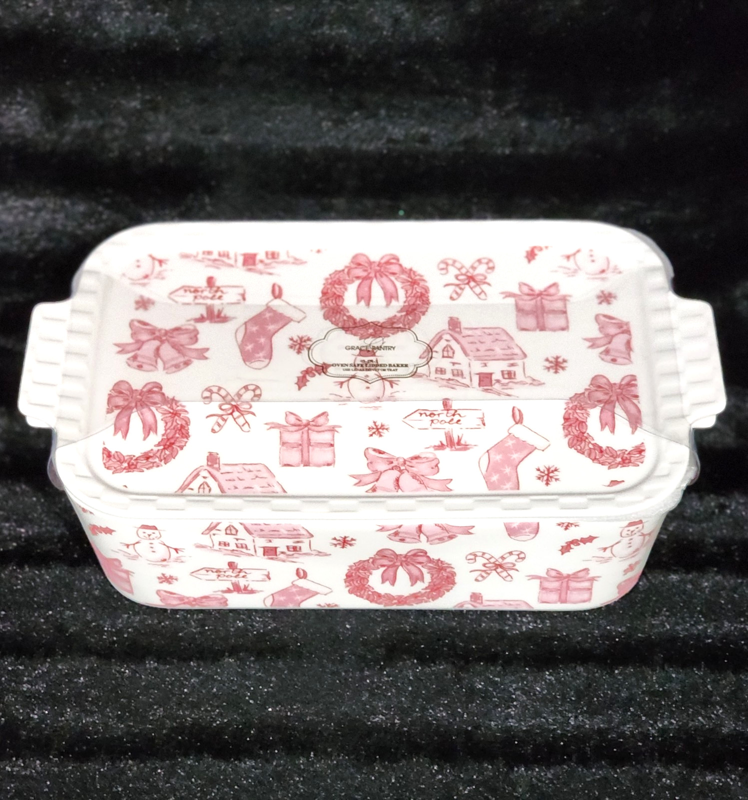 Grace Pantry Christmas PINK BOW 2qt Rectangular Baker & Lid 11″ Oven Safe 3 in 1