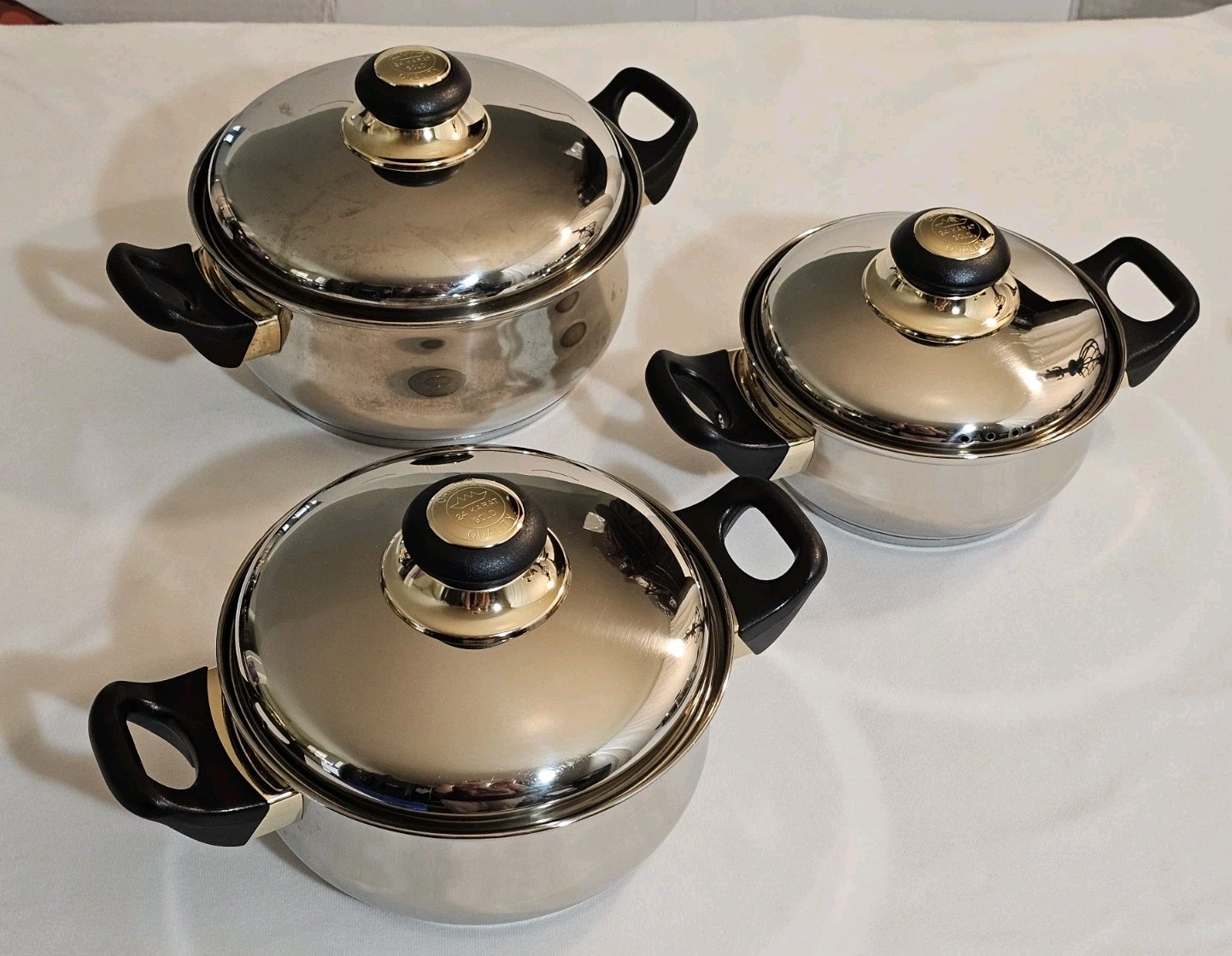 Vtg Cook Well High-quality Stainless Steel Pots & Pans W/Gold Plating -Set Of 11