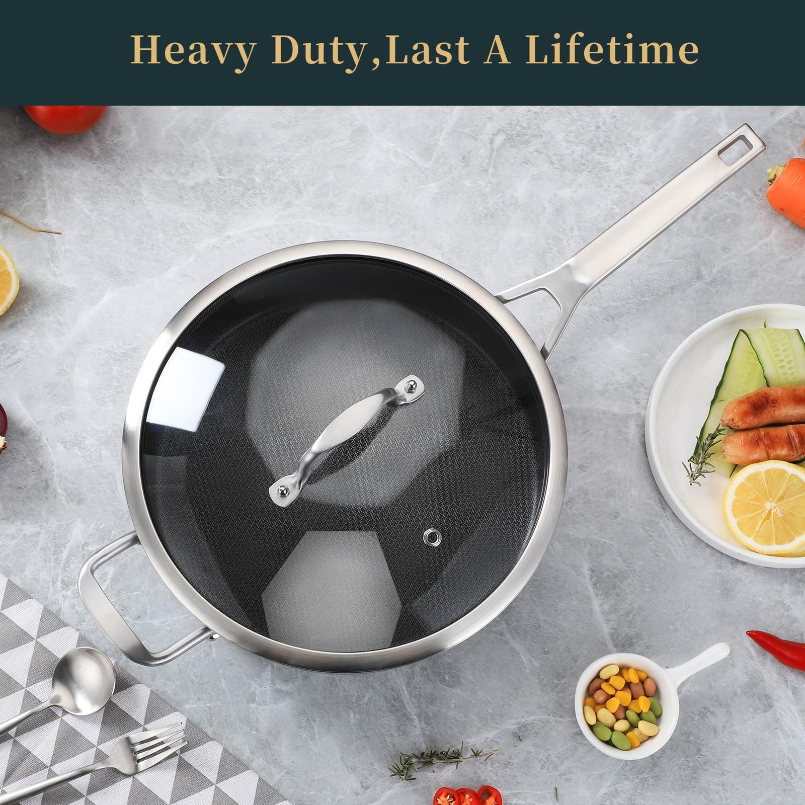 Yeksum 7 Quarts Saute Pan Lids Nonstick 12 Inch Deep Frying Pan Tri-Ply Large