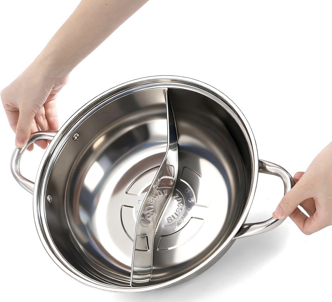 304 Stainless Steel Hotpot Pot with Divider, 12 Inches Double-Flavor Shabu Shabu